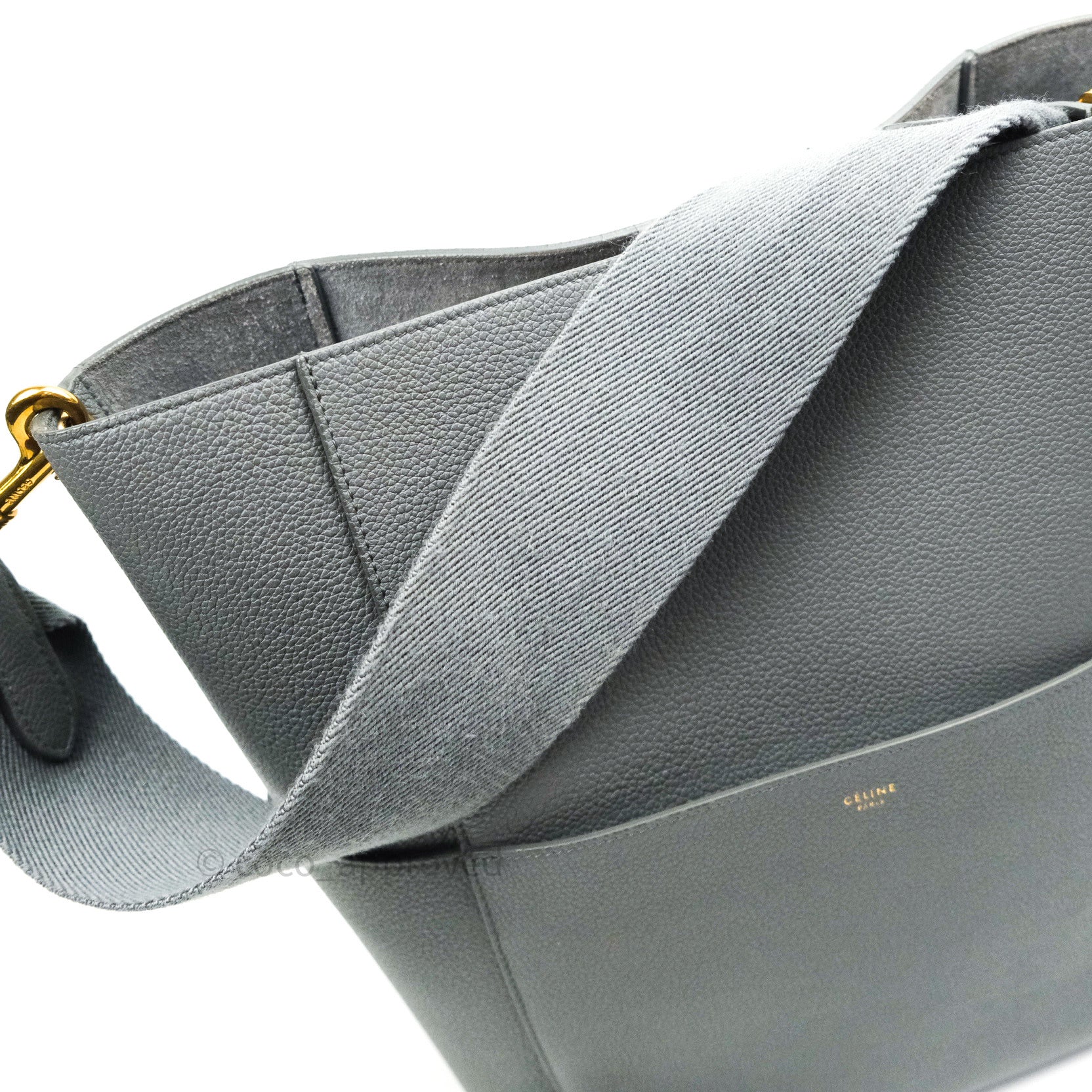 Celine Sangle Bucket Bag Grained Calfskin Grey Gold Hardware