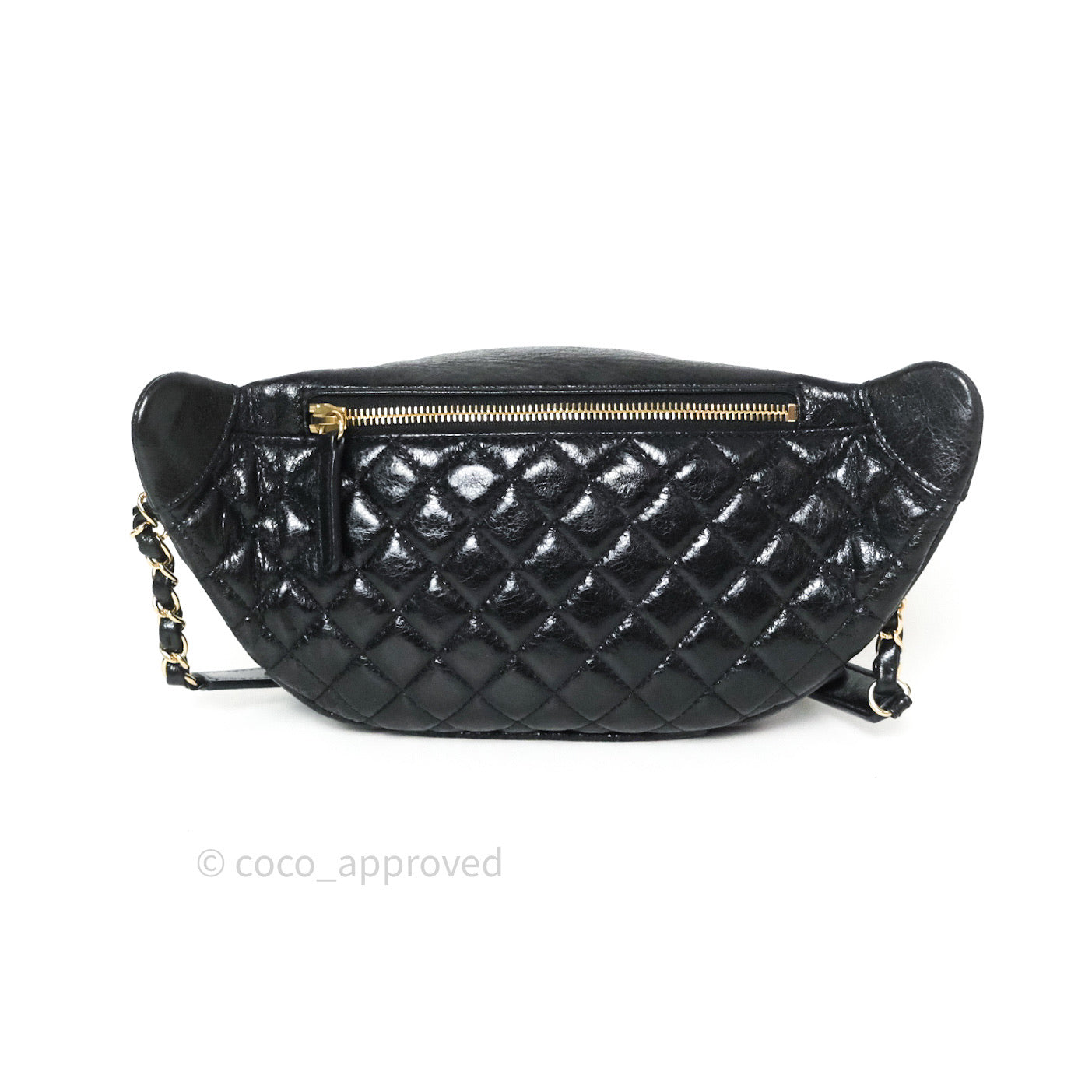 Chanel Black Glazed Calfskin Fanny Pack Belt Bag Gold Hardware