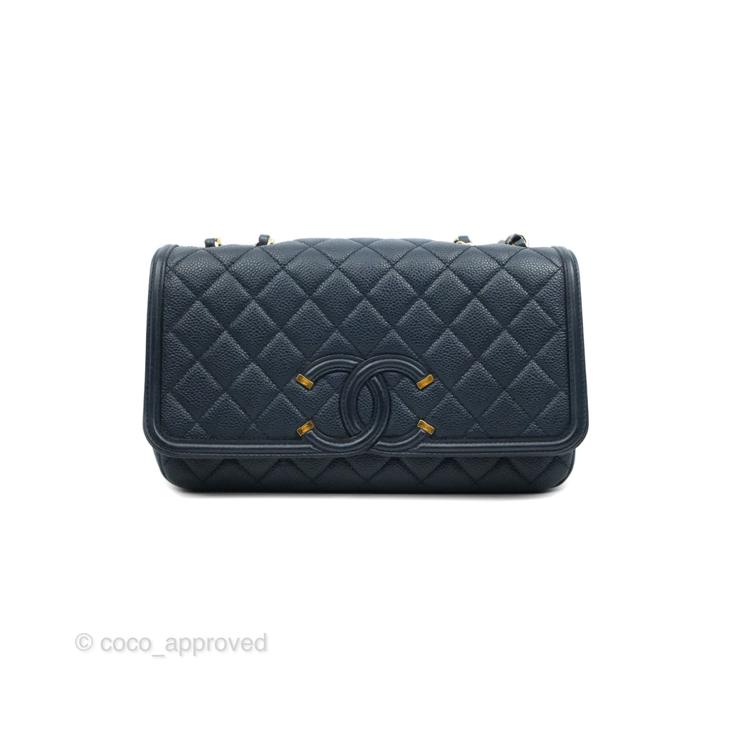 Chanel Quilted Medium CC Filigree Flap Navy Caviar Aged Gold Hardware