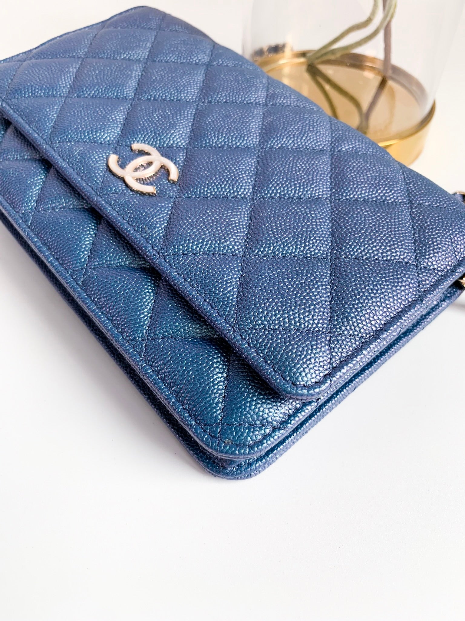 Chanel Iridescent Caviar Quilted Wallet On Chain WOC Dark Blue Light G –  Coco Approved Studio