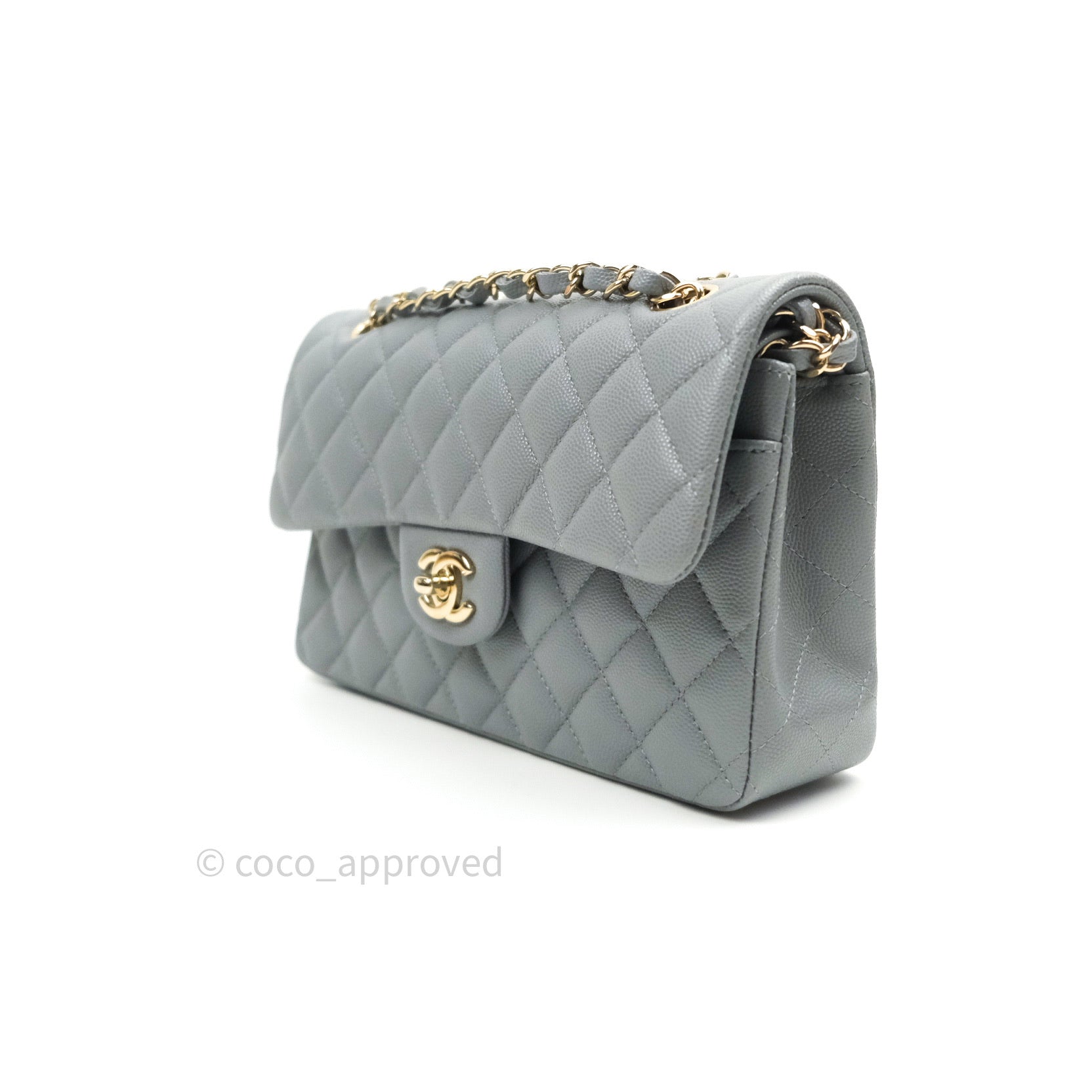 Chanel Classic Small Double Flap 21A Light Gray Quilted Caviar with light  gold hardware