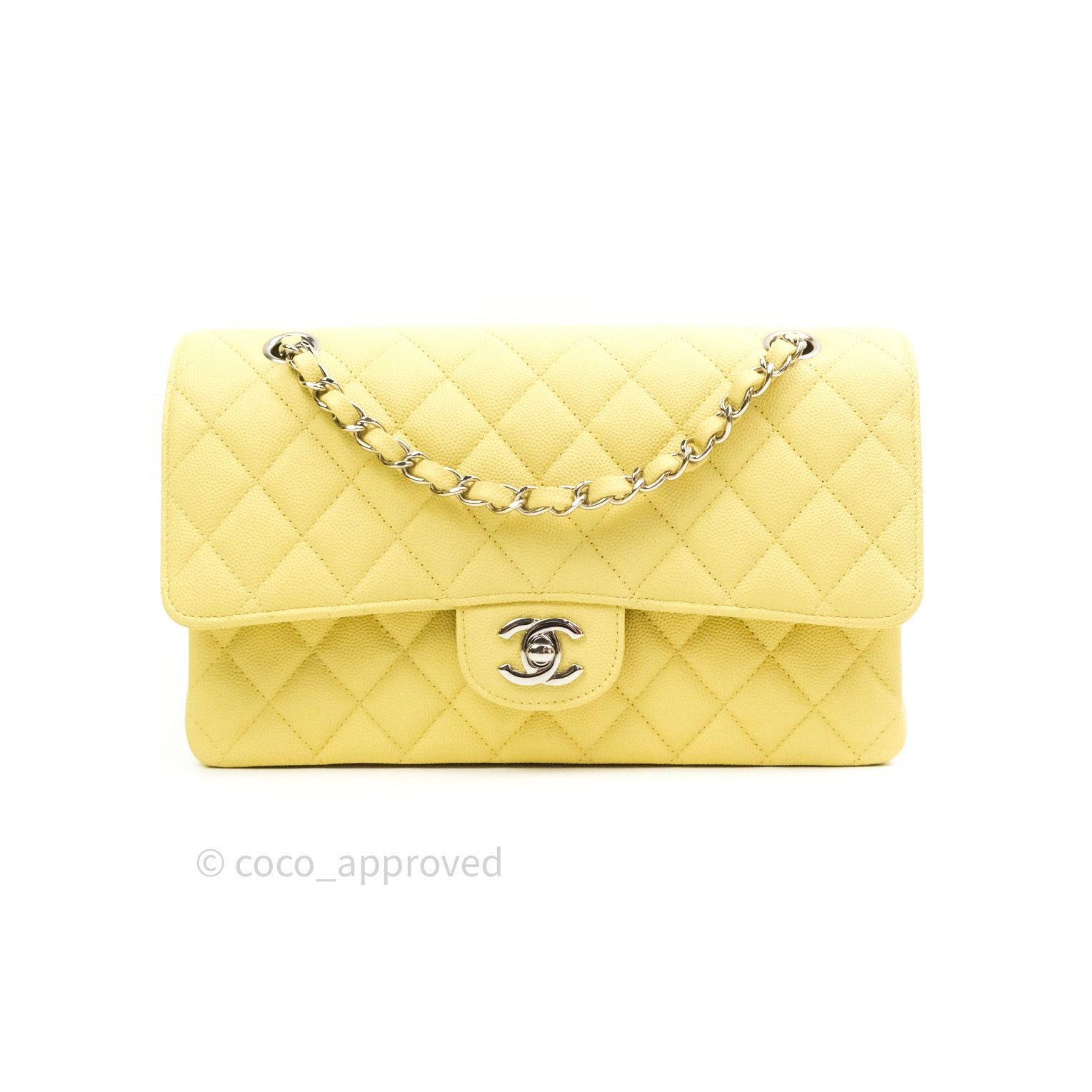 Chanel Classic M/L Medium Double Flap Bag Light Yellow Caviar Silver  Hardware