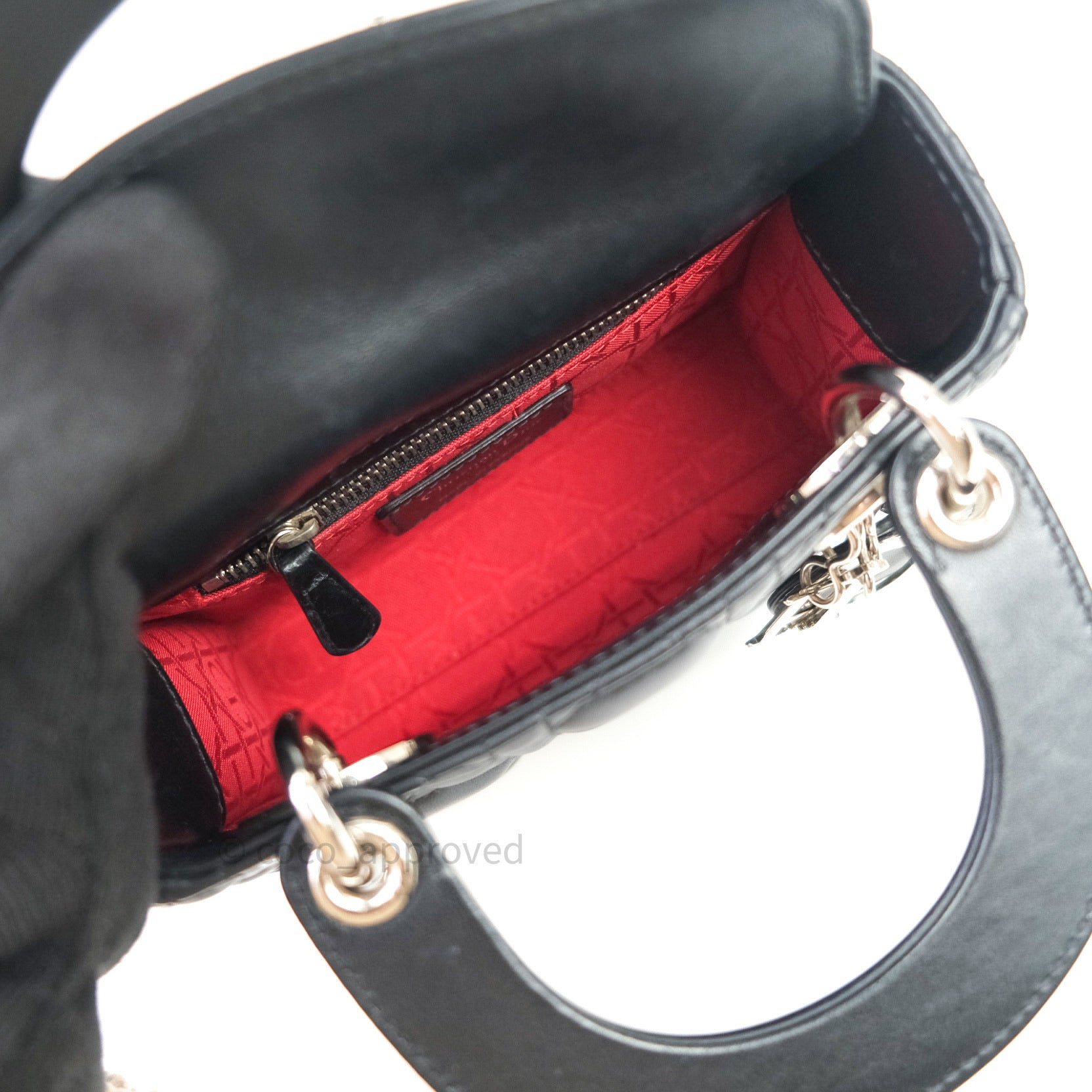 Christian Dior Mini Lady Dior Bag Black Strass Cannage Satin Silver Ha –  Coco Approved Studio