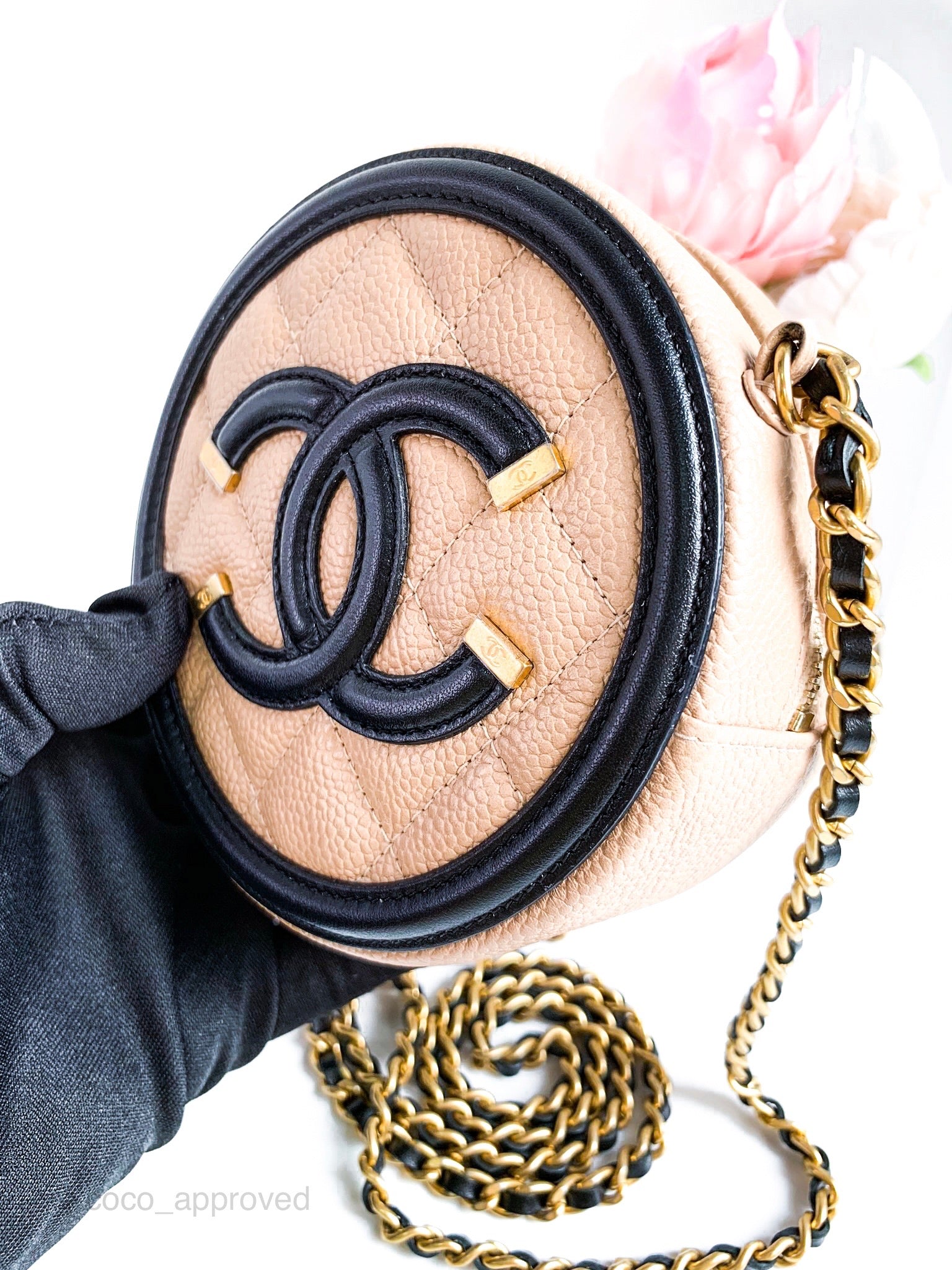 Chanel Beige and Black Caviar Quilted Round Filigree Crossbody