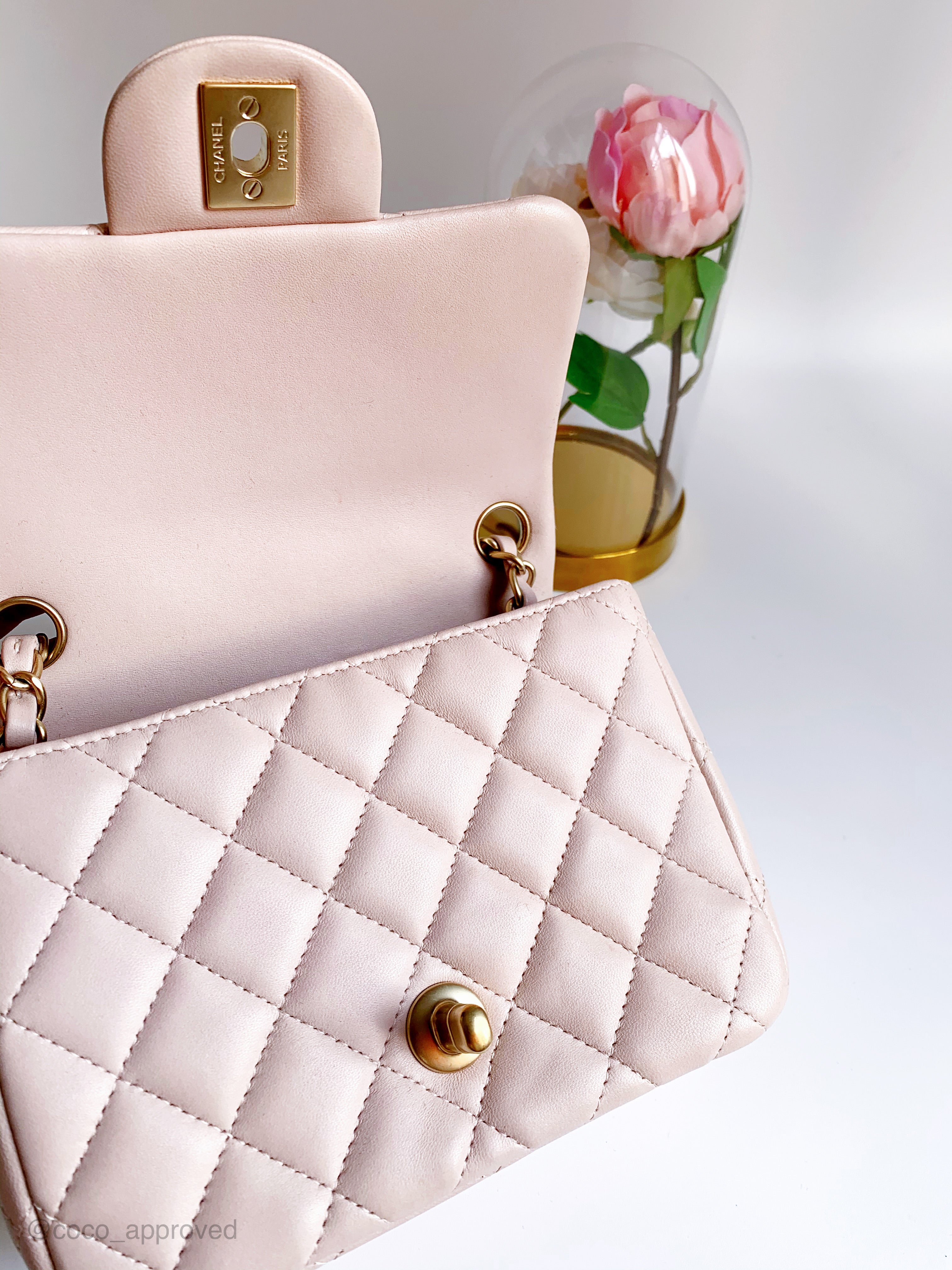 Chanel Quilted Mini Square Flap Sakura Light Pink Lambskin Gold 