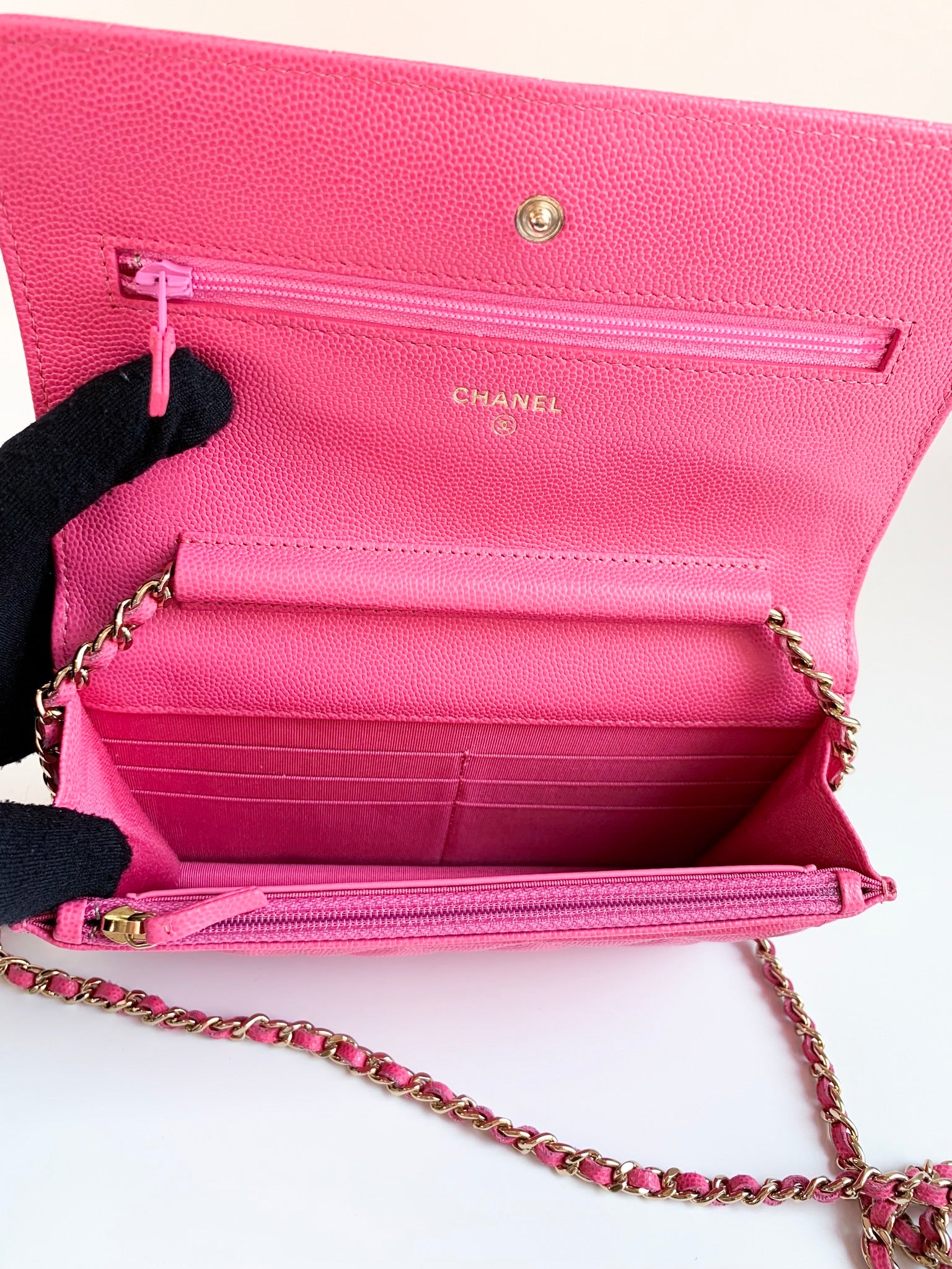 chanel leather wallet on chain pink