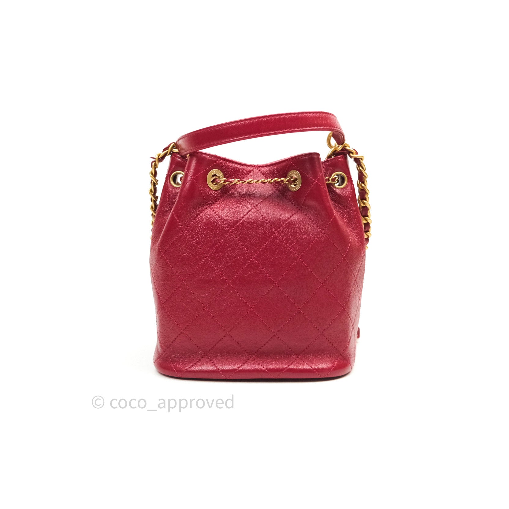 chanel red bucket bag leather