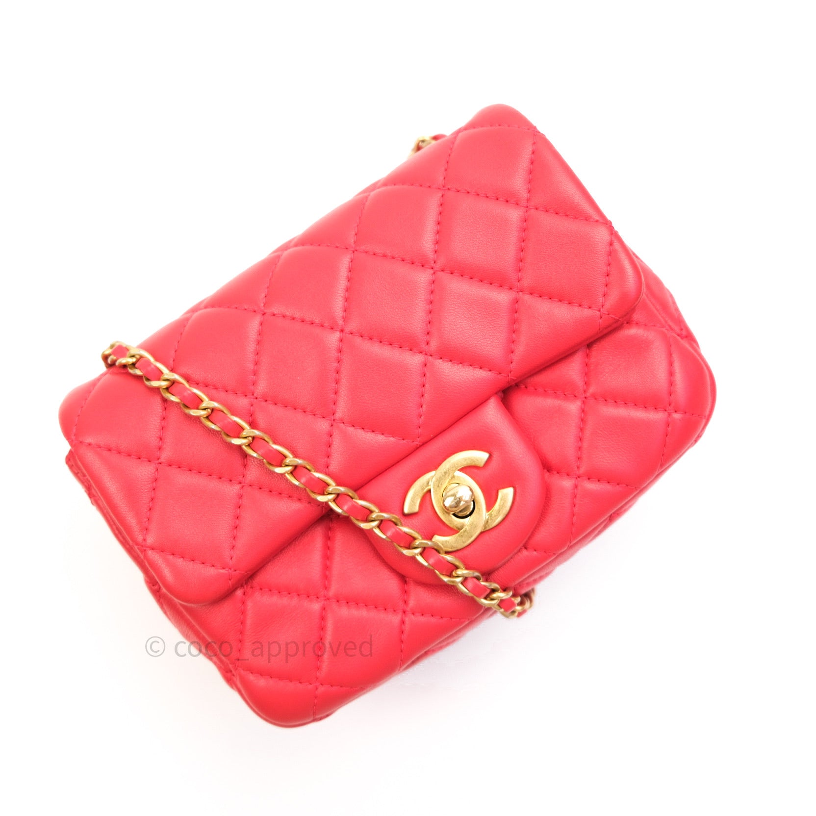 Chanel Mini Square Pearl Crush Quilted Red Lambskin Gold Hardware