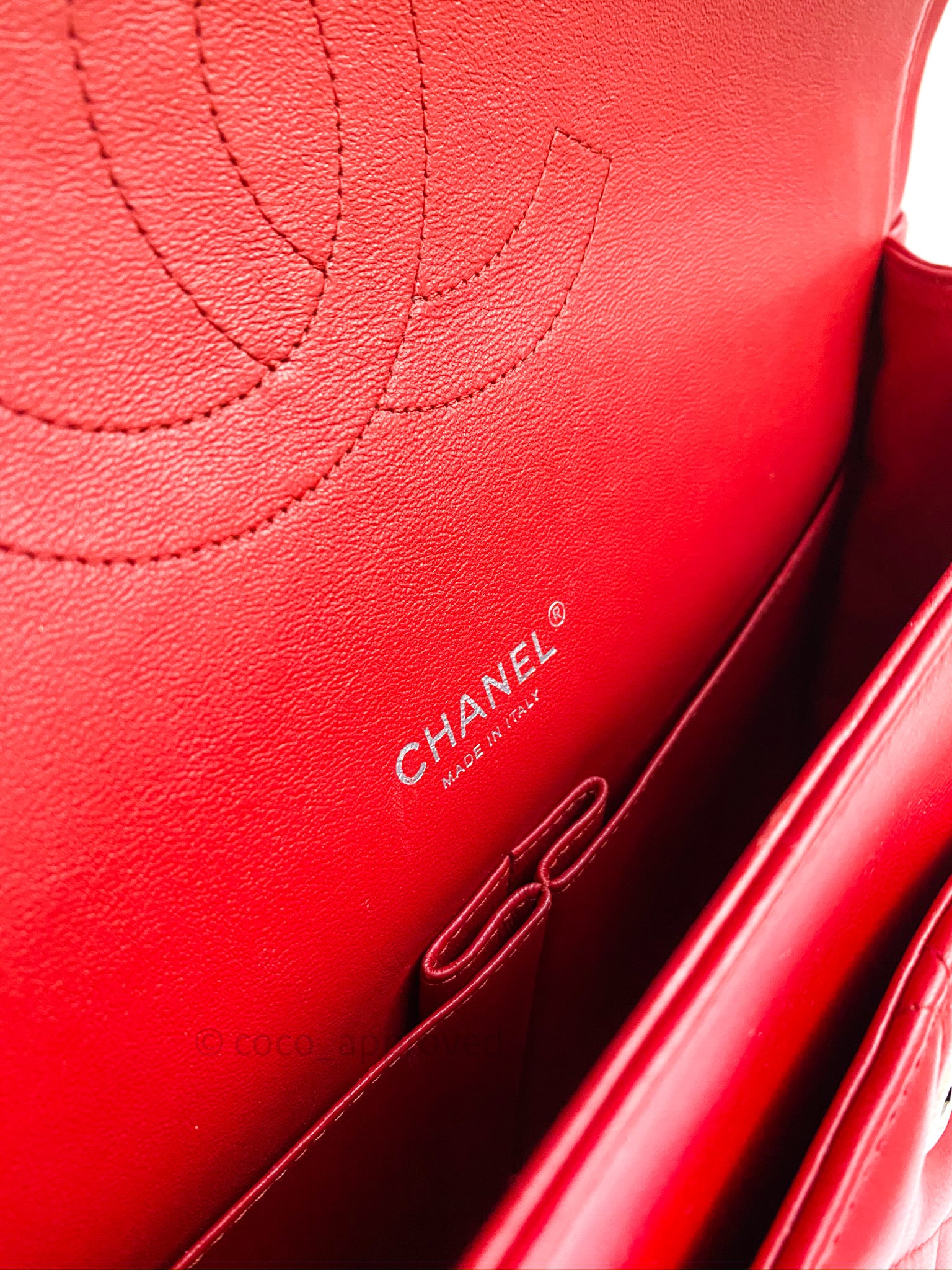 CHANEL Red Caviar Leather Classic Double Flap Maxi Bag Silver hardware