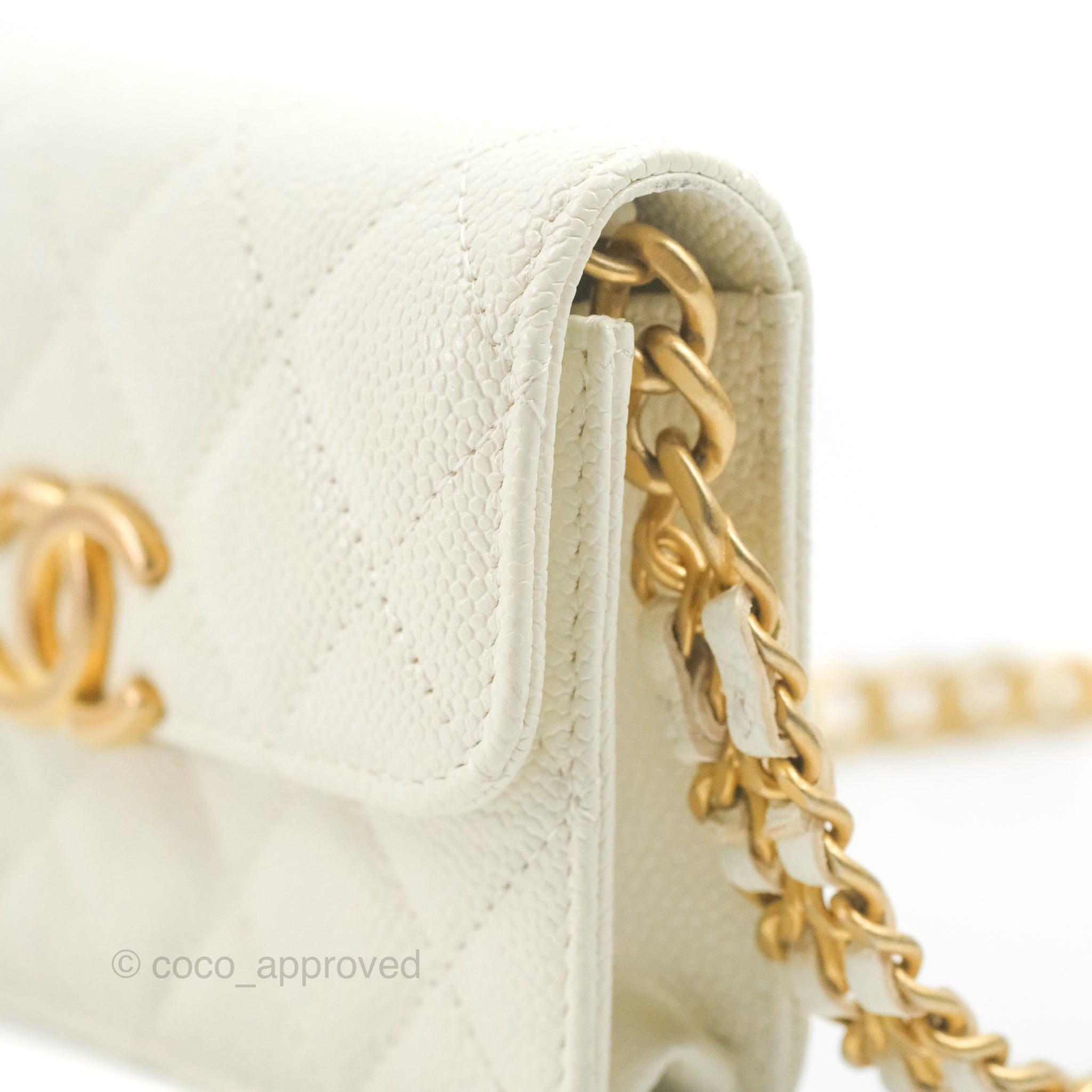 Chanel Mini Clutch With Chain White Caviar Aged Gold Hardware – Coco  Approved Studio