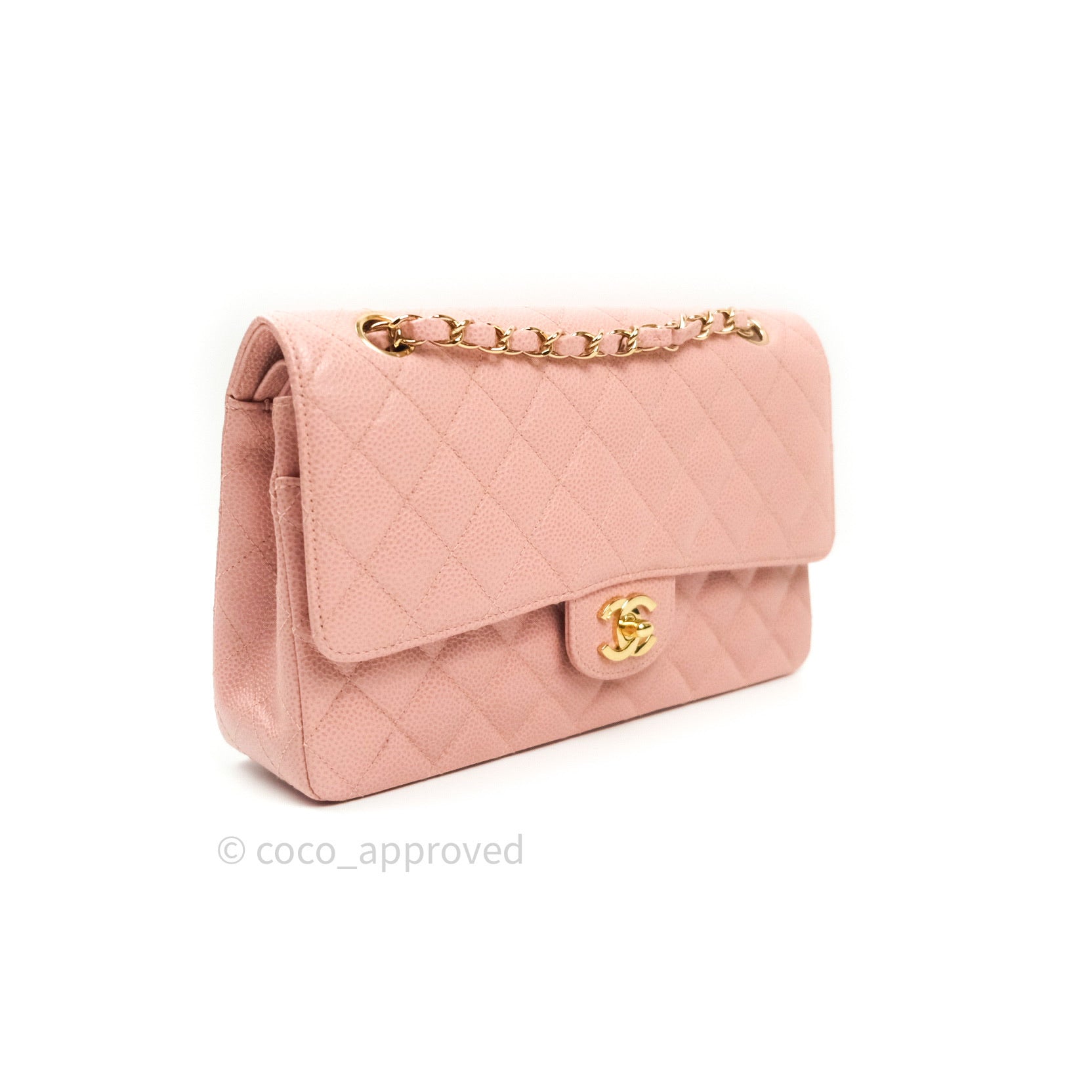 Chanel Pink Quilted Caviar Medium Classic Double Flap Bag Gold Hardware, 2021 (Very Good)