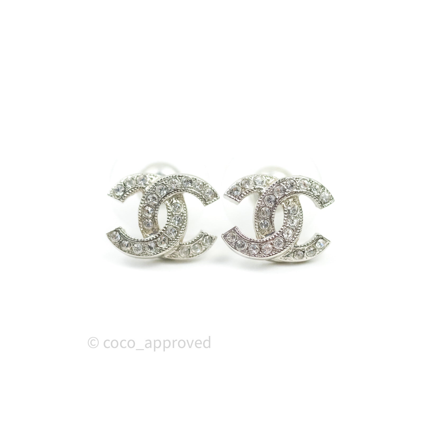 Chanel Crystal CC Earrings Silver Tone