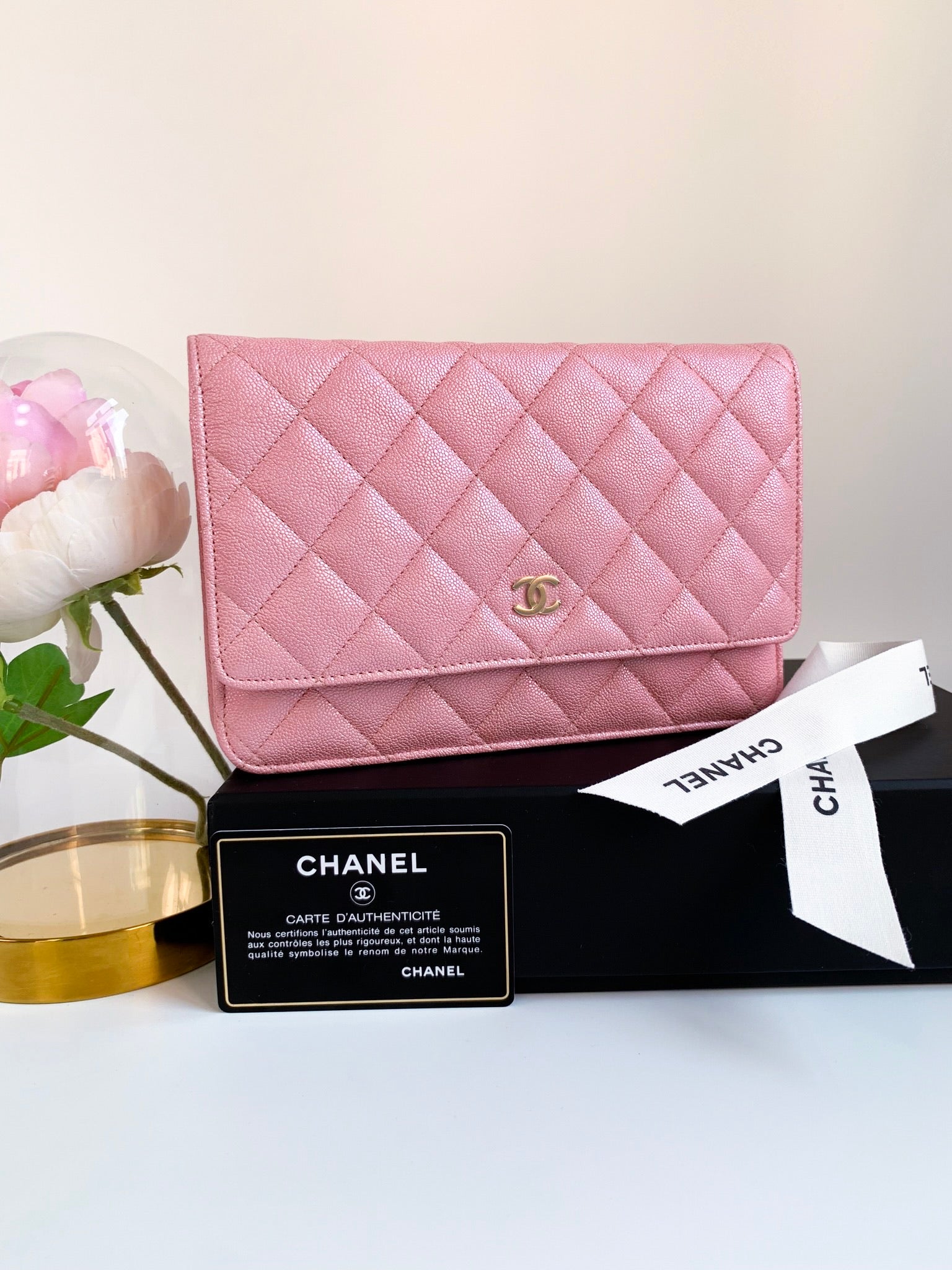 Chanel Iridescent Light Pink Chevron Quilted Caviar Zip Around