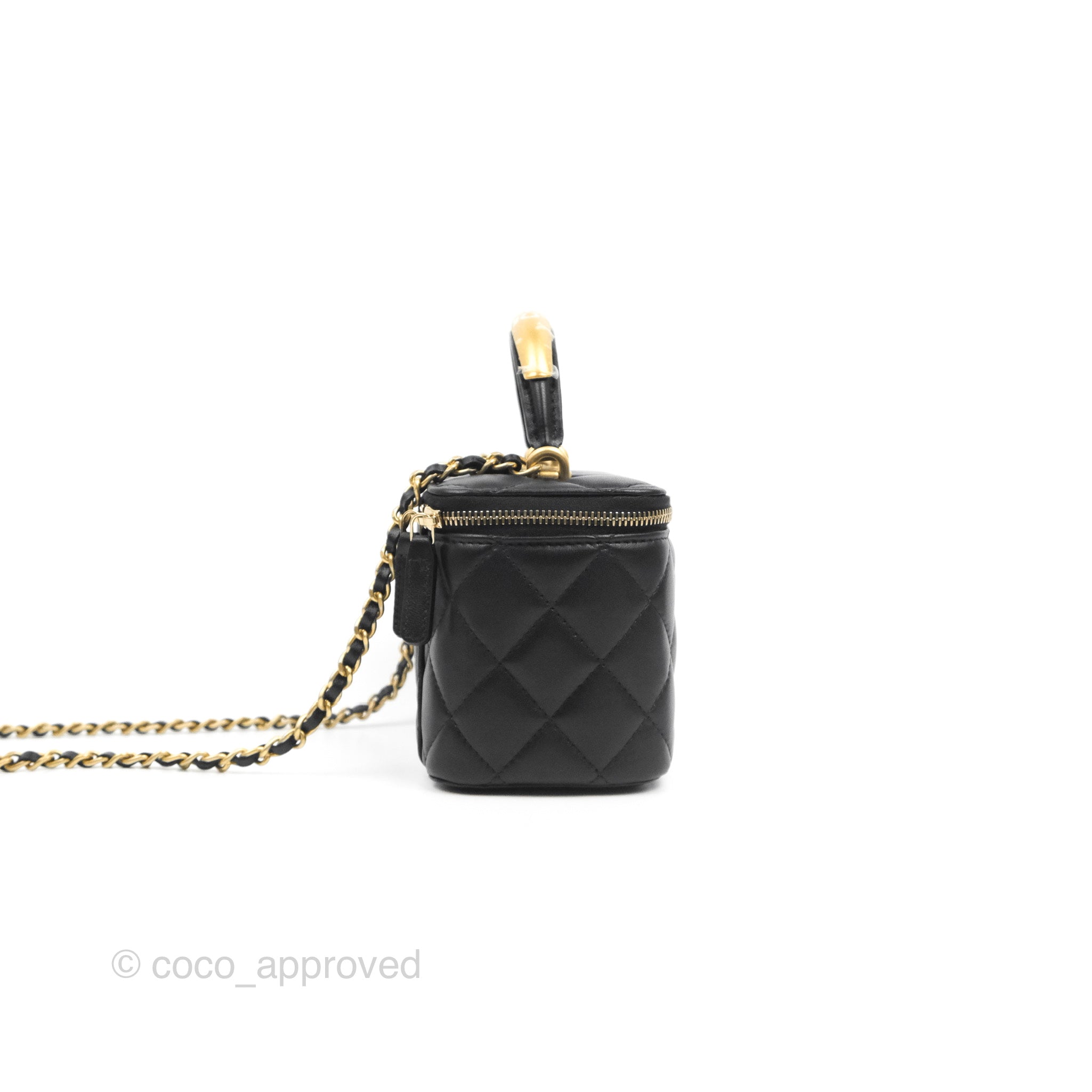 Chanel Vanity Rectangular Metal Top Handle Black Lambskin Aged Gold Ha –  Coco Approved Studio