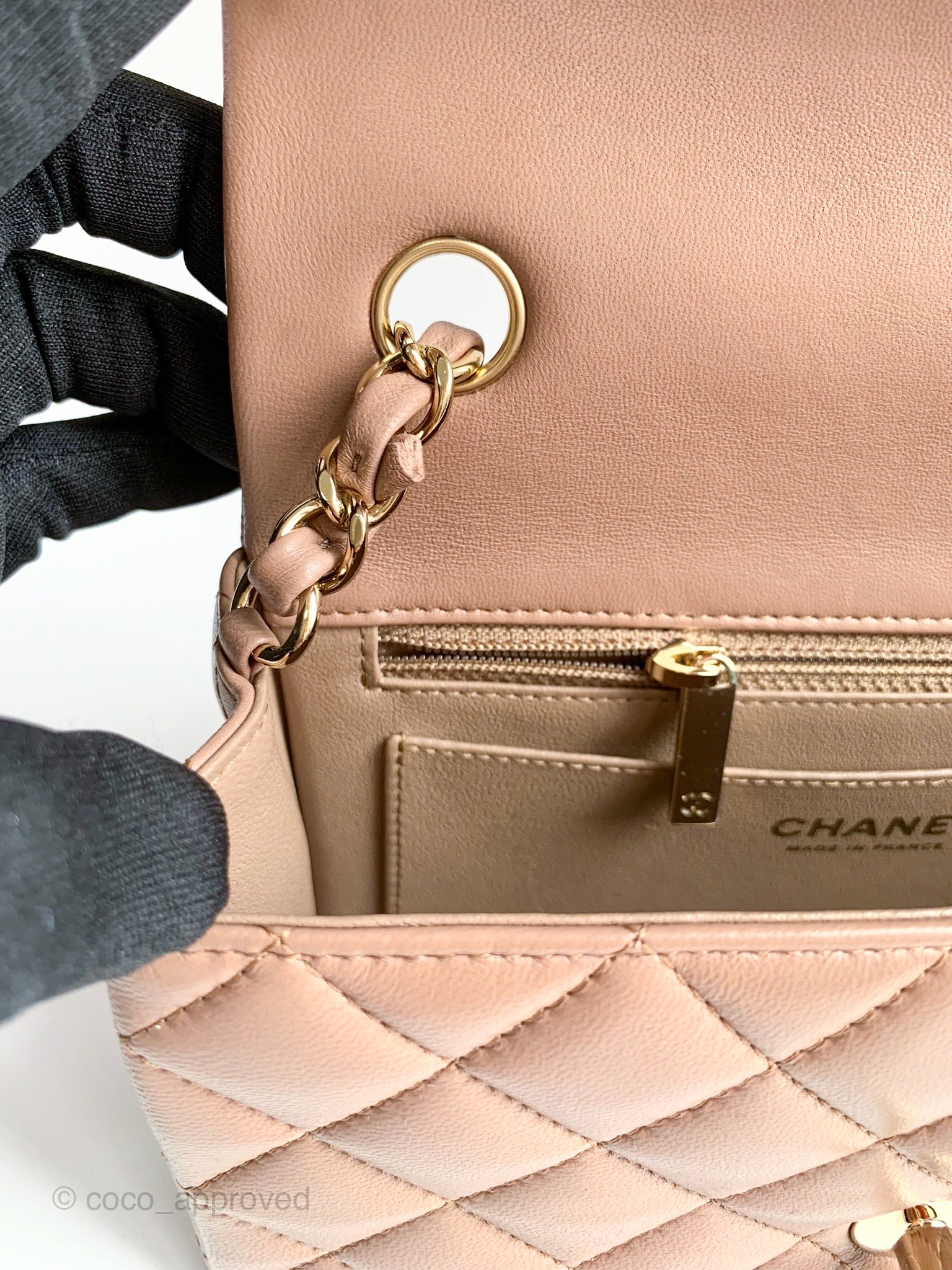 Chanel Quilted Mini Rectangular Flap Dark Beige Lambskin Gold
