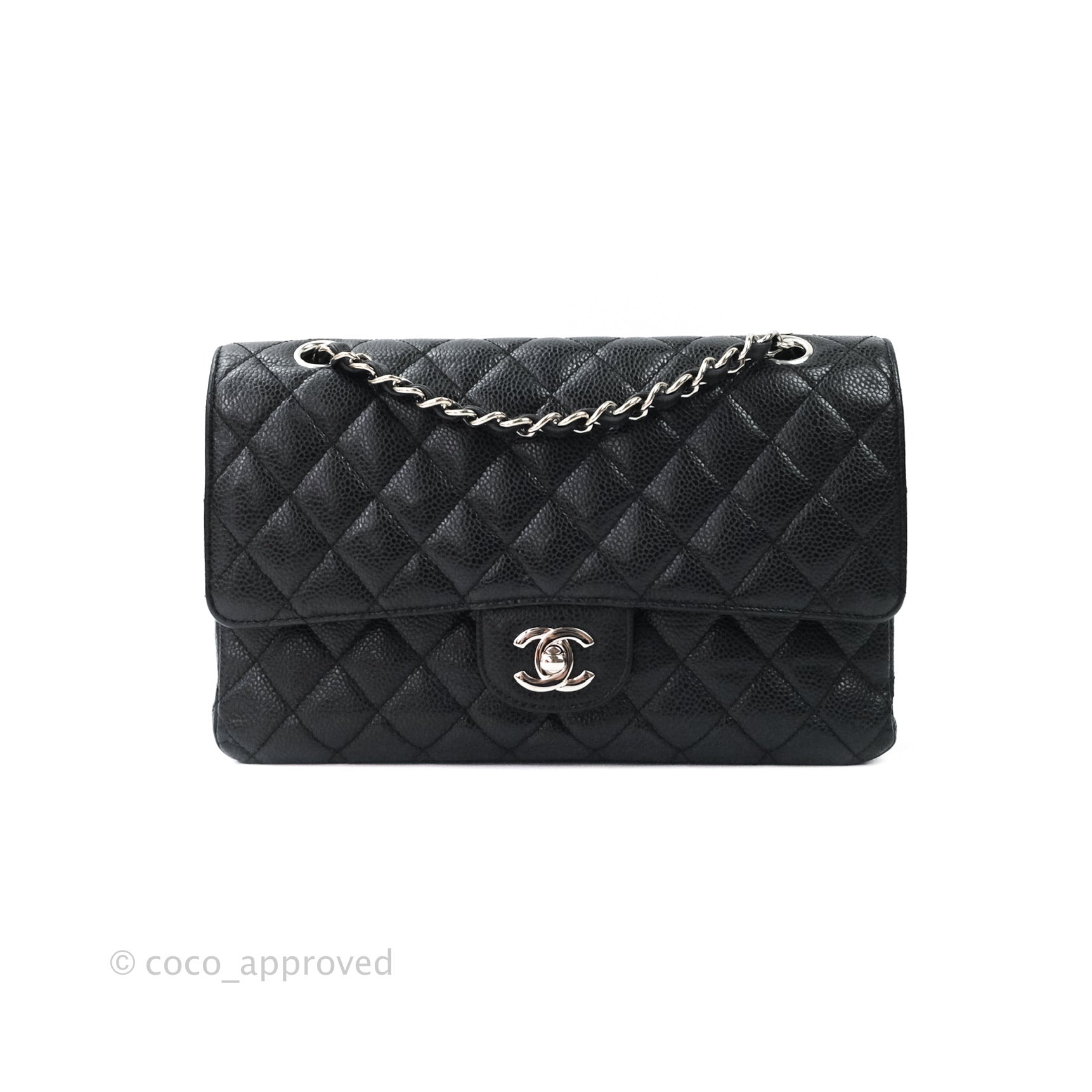 Chanel Classic M/L Medium Double Flap Bag Black Caviar Silver Hardware