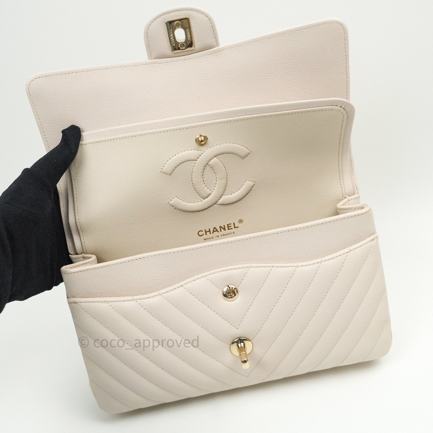 Chanel Classic M/L Medium Double Flap Chevron Ivory Caviar Gold Hardwa –  Coco Approved Studio