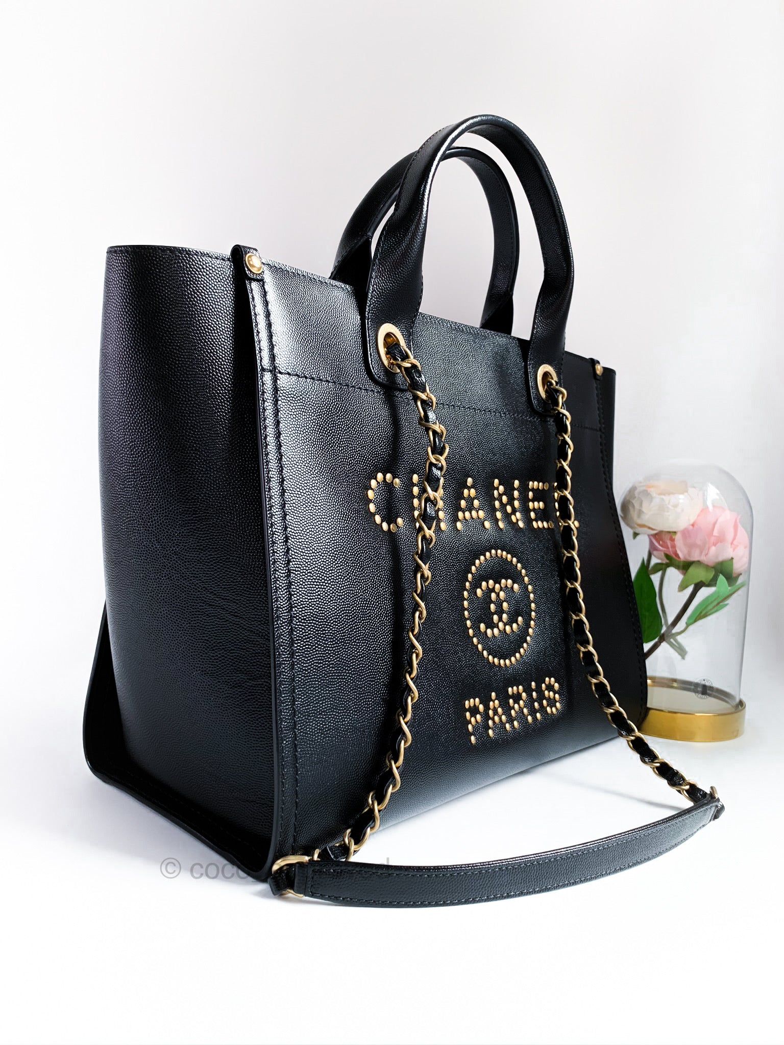 Chanel Small Studded Deauville Tote Black Caviar Gold Hardware