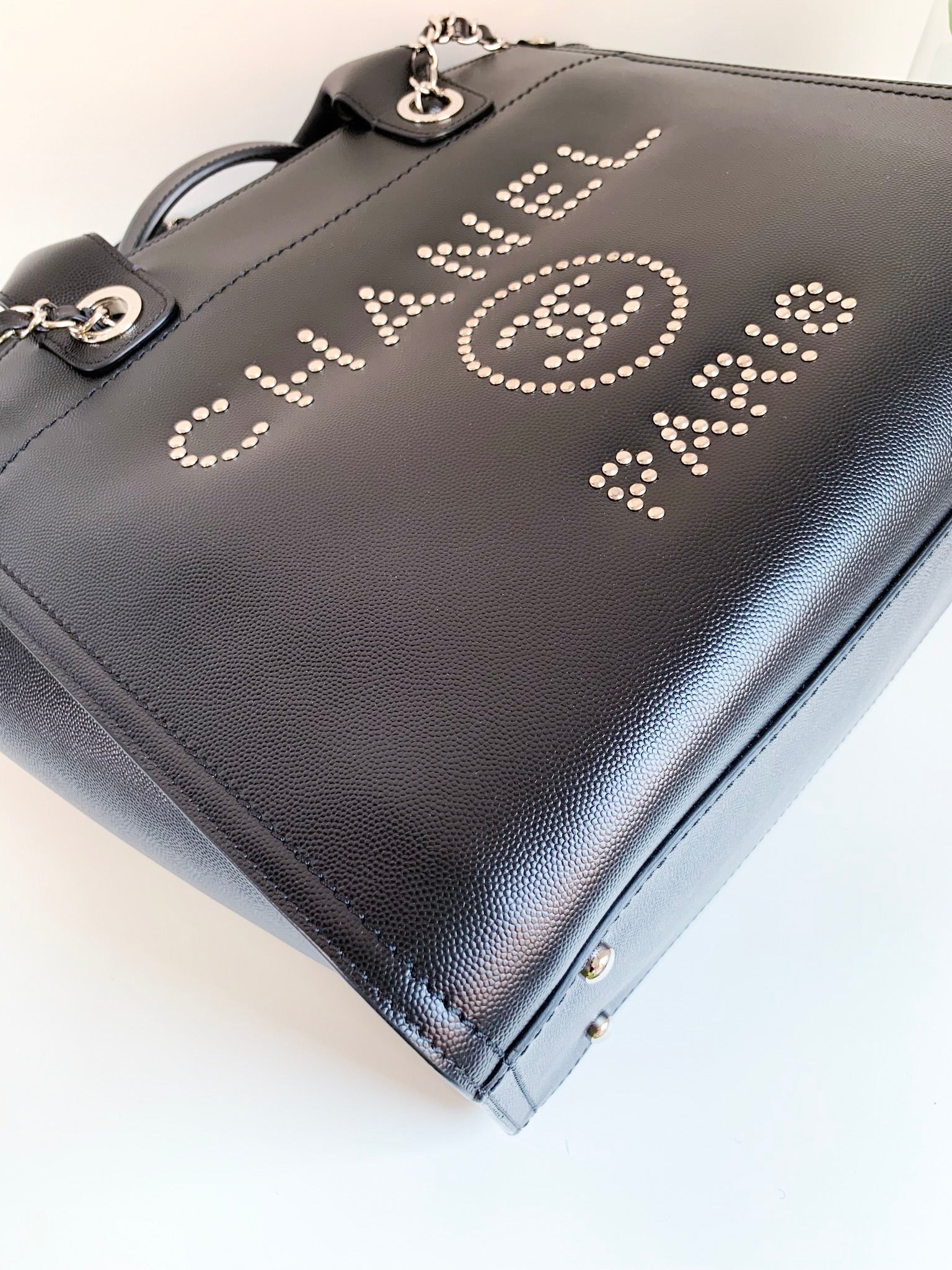 Chanel Small Studded Deauville Tote Black Caviar Silver Hardware
