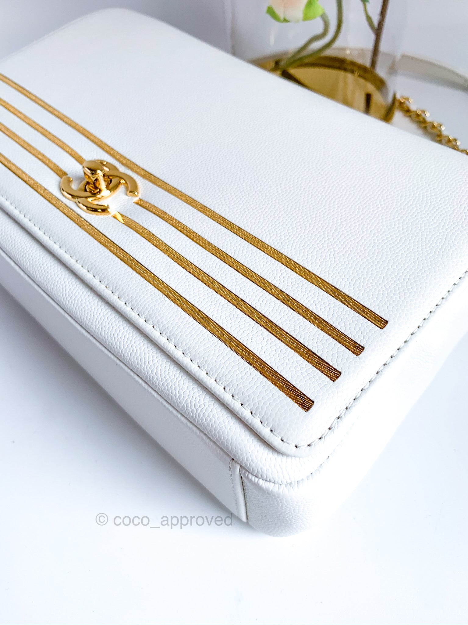 Chanel White Flap Bag Golden Strip Grained Calfskin Gold Hardware – Coco  Approved Studio