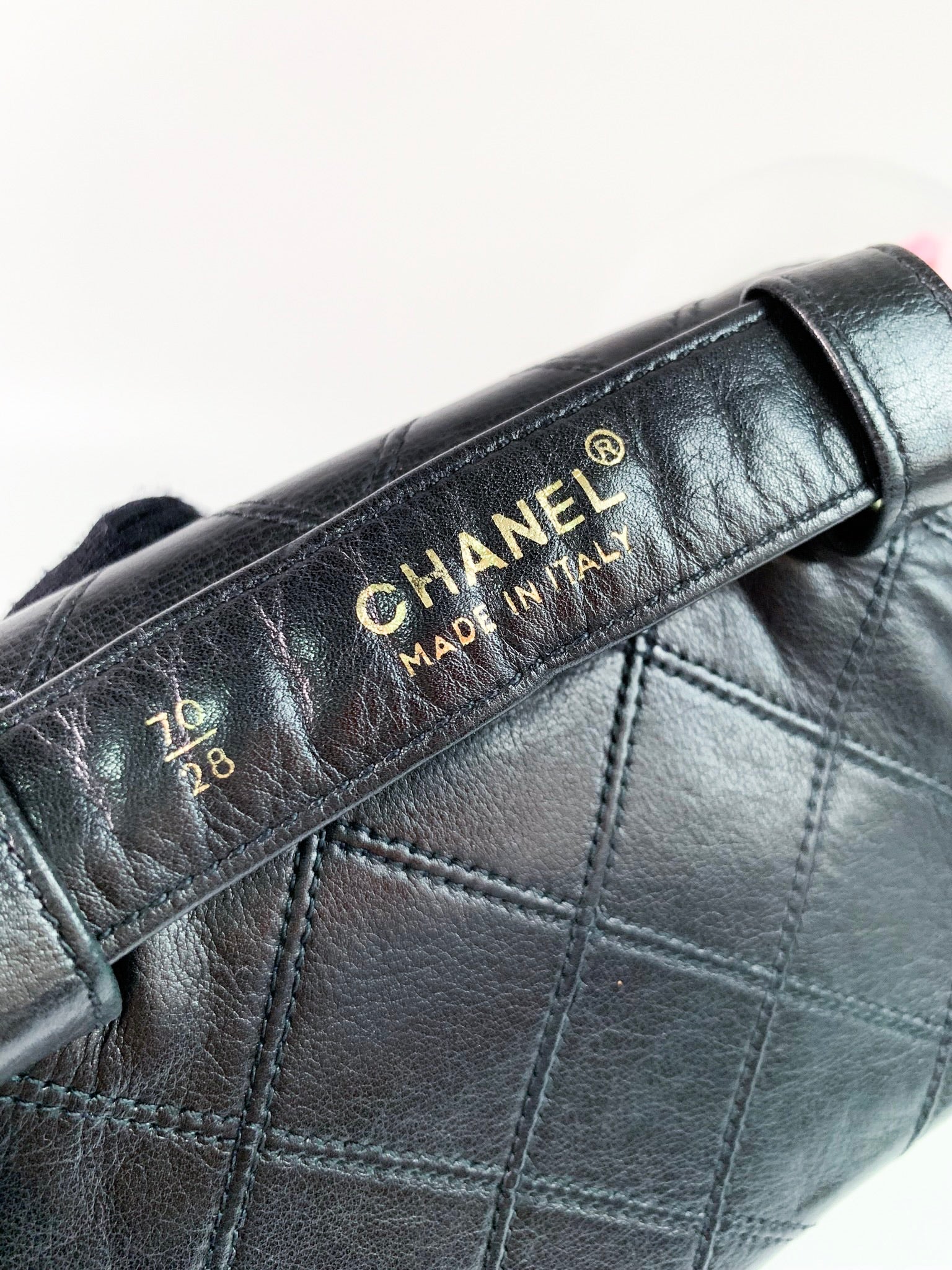 Chanel Vintage Cosmo Line Chain Waist Bag Black Lambskin Gold