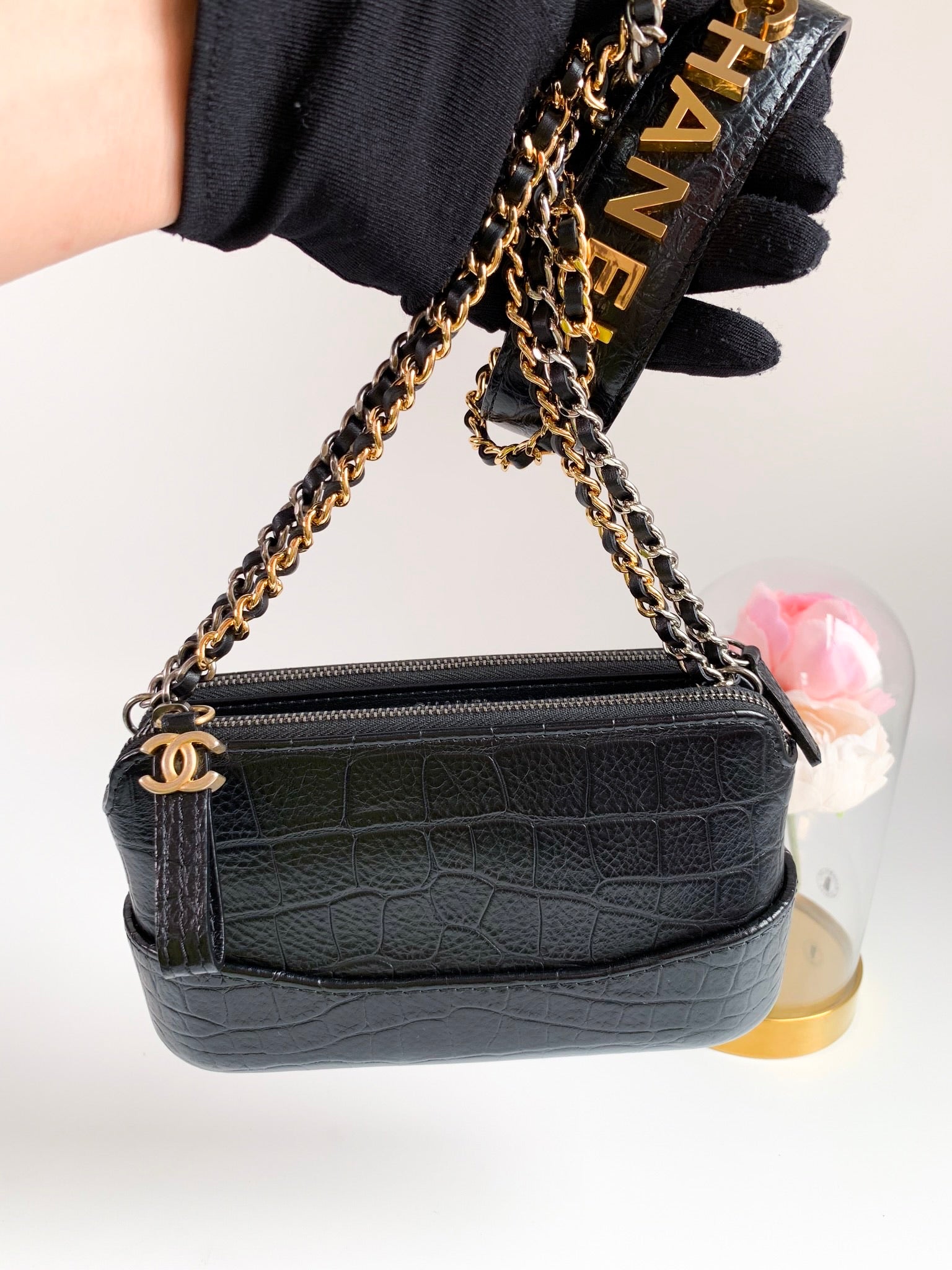 Chanel Croc-Embossed Gabrielle Clutch With Logo Strap – Luxury