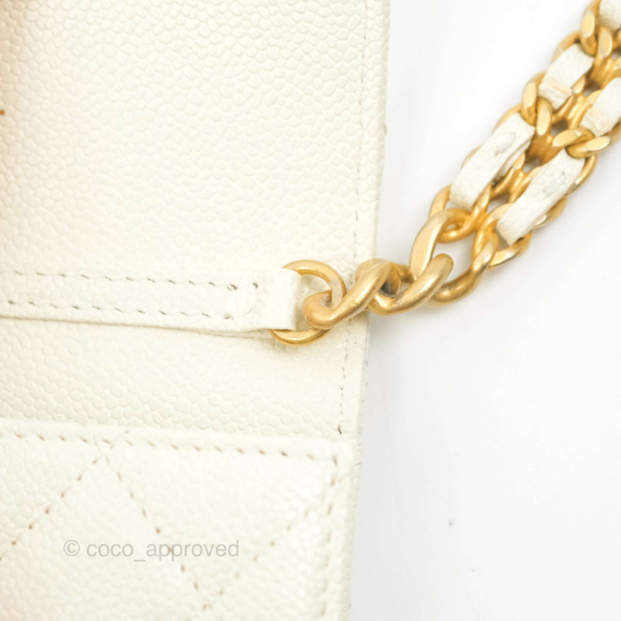 Chanel Mini Clutch With Chain White Caviar Aged Gold Hardware – Coco  Approved Studio