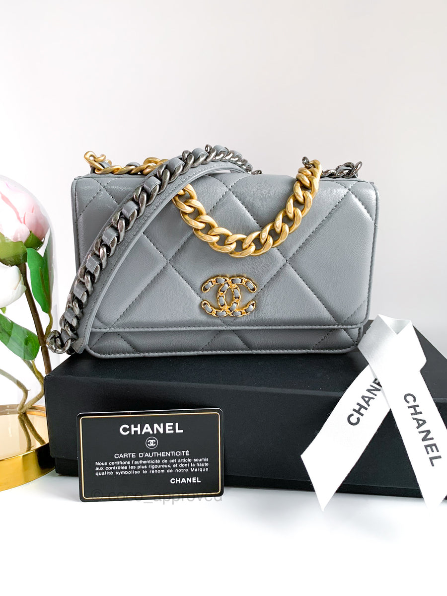 CHANEL Lambskin Quilted Chanel 19 Wallet On Chain WOC Light Green 1126253