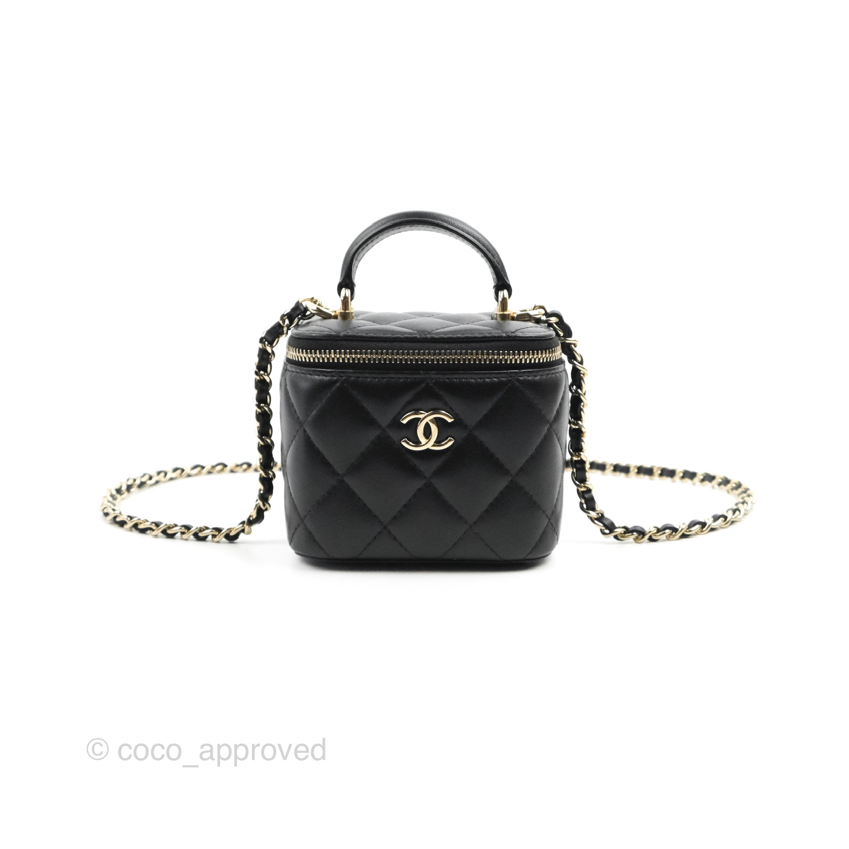 Chanel Mini Top Handle Vanity With Chain Black Lambskin Gold Hardware –  Coco Approved Studio