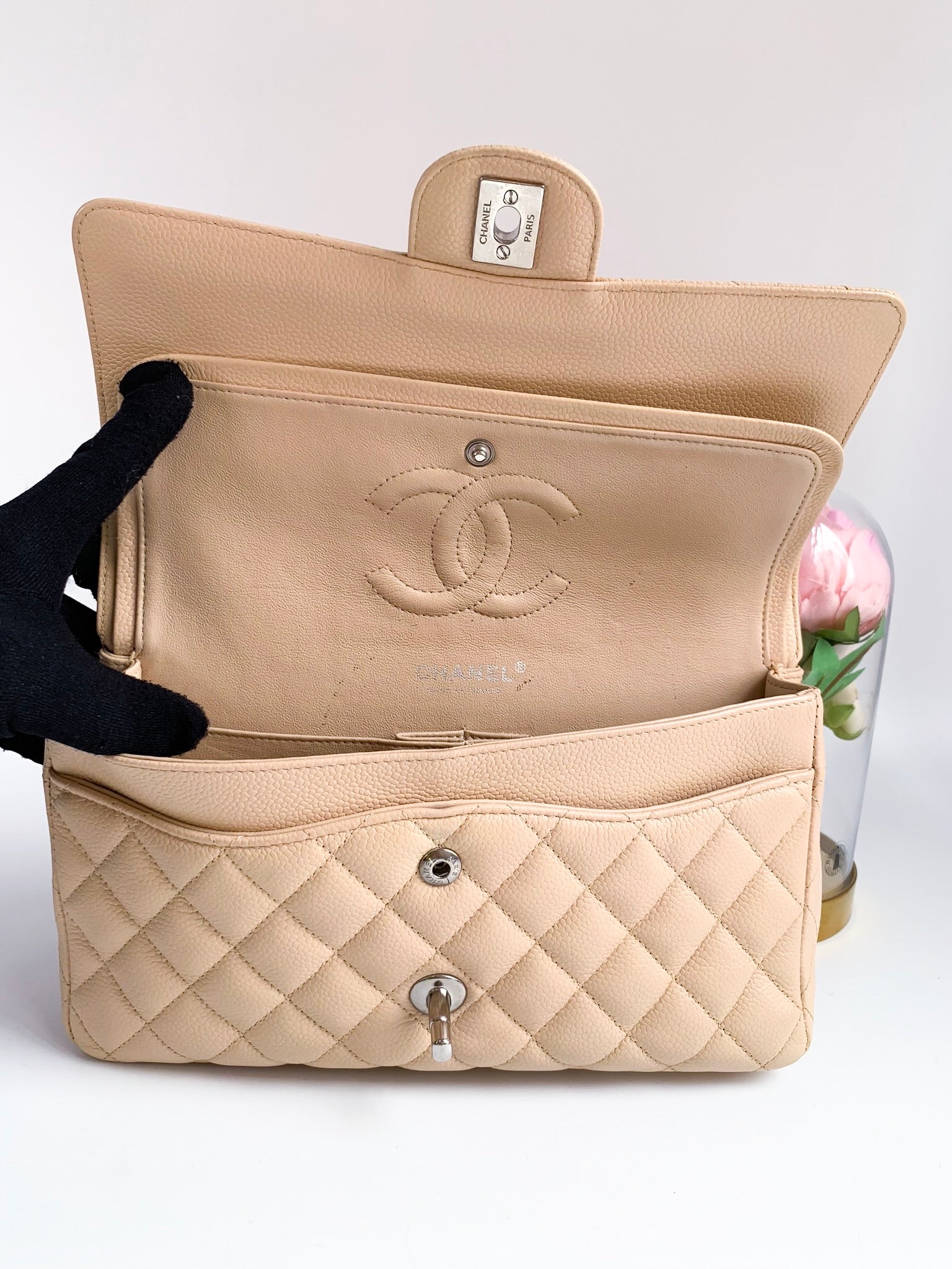 CHANEL Caviar Quilted Medium Double Flap Beige Clair 94287