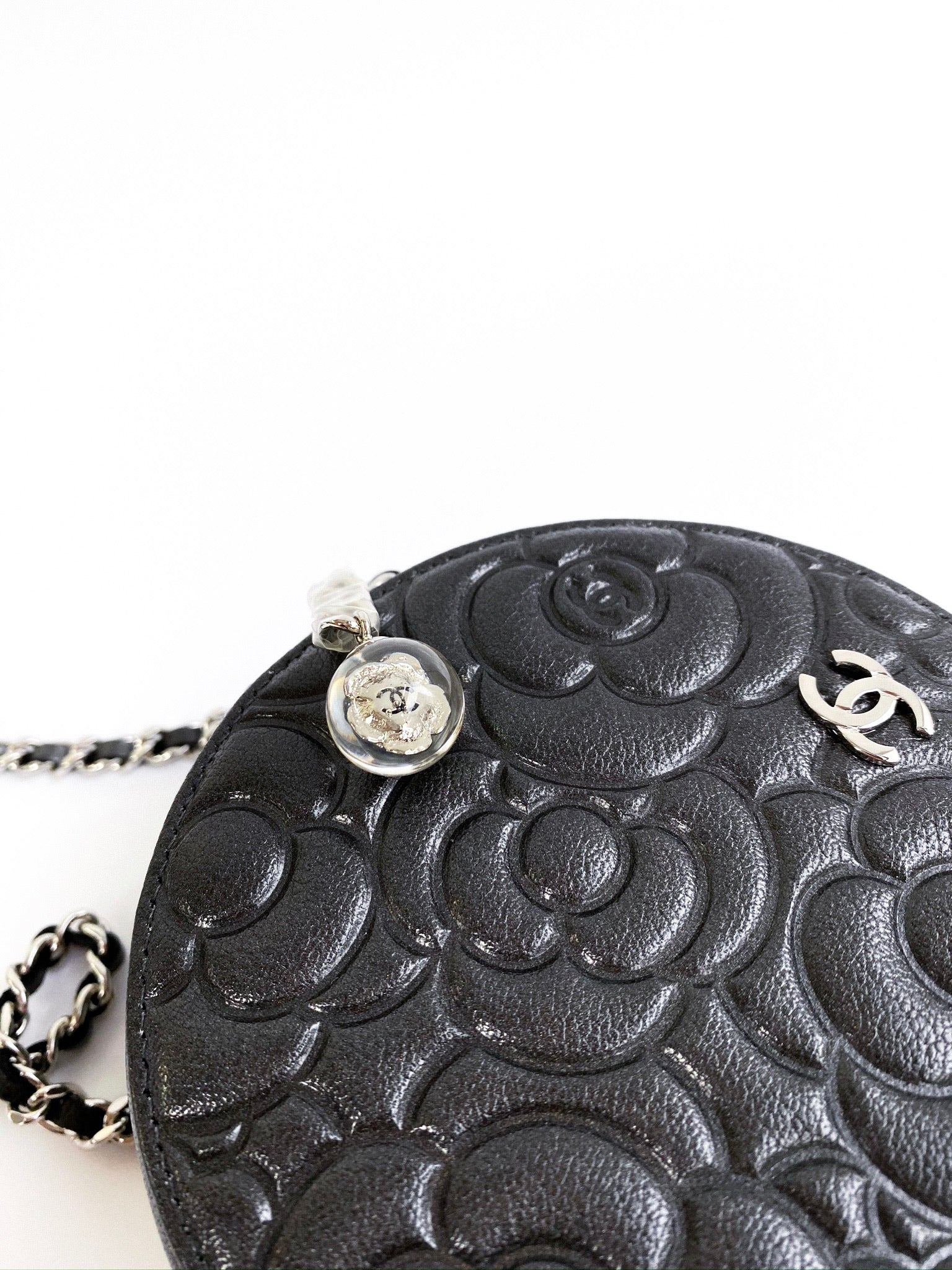 Chanel Goatskin Camellia Dark Grey Quilted Round Clutch With Chain