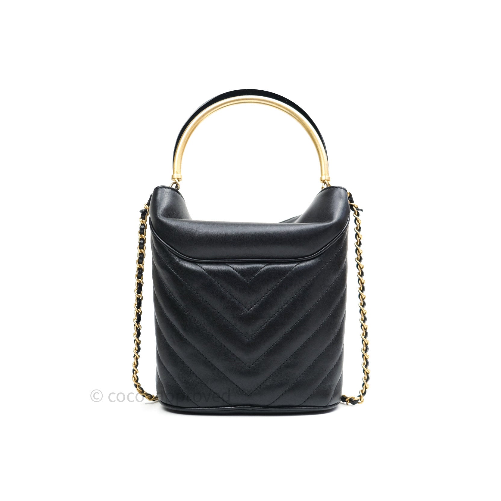 Chanel Chic Bucket Bag Black Lambskin Chevron Quilted With Handle