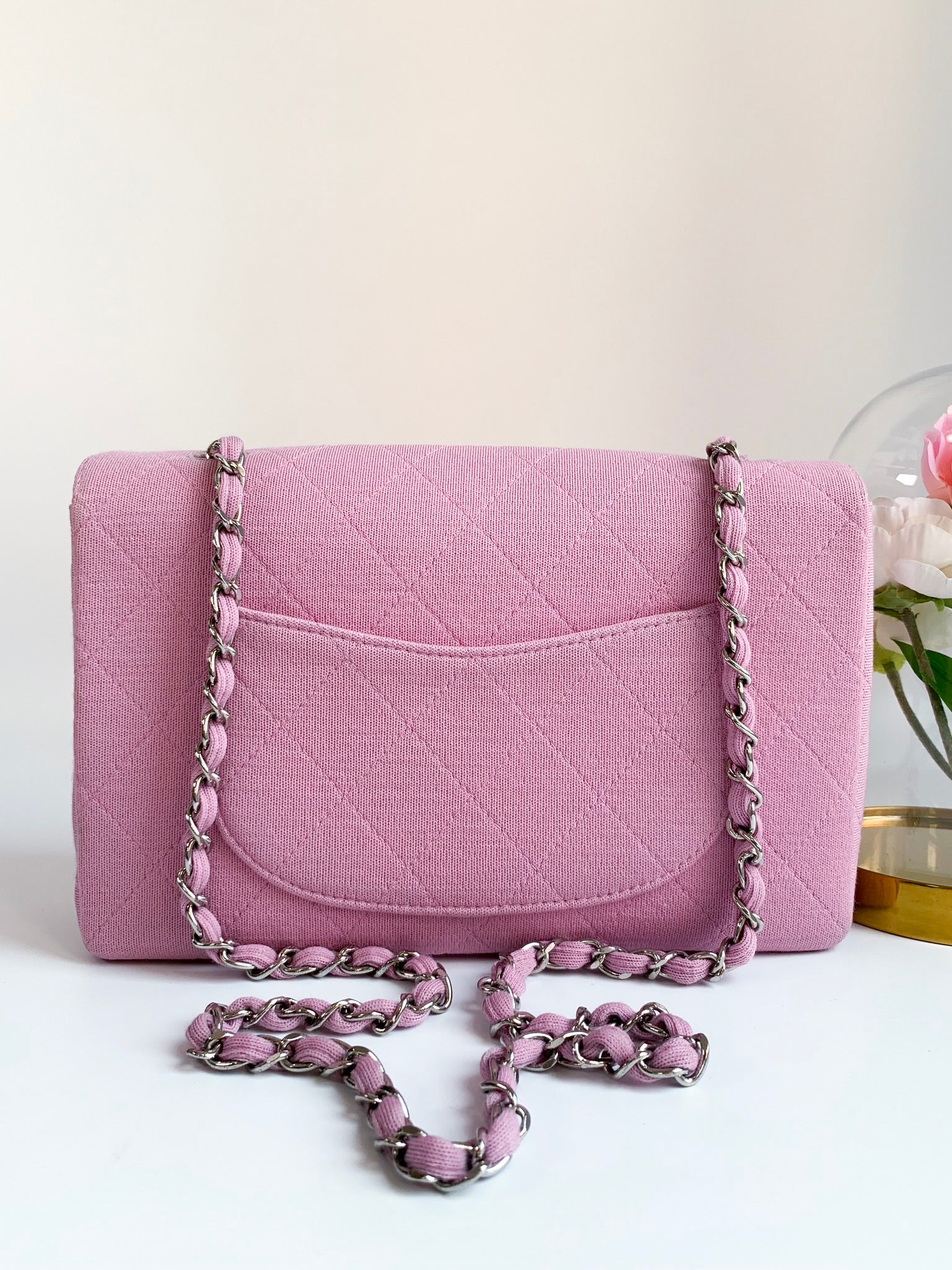 Chanel Classic Medium Double Flap Bag In Pink Quilted Jersey And