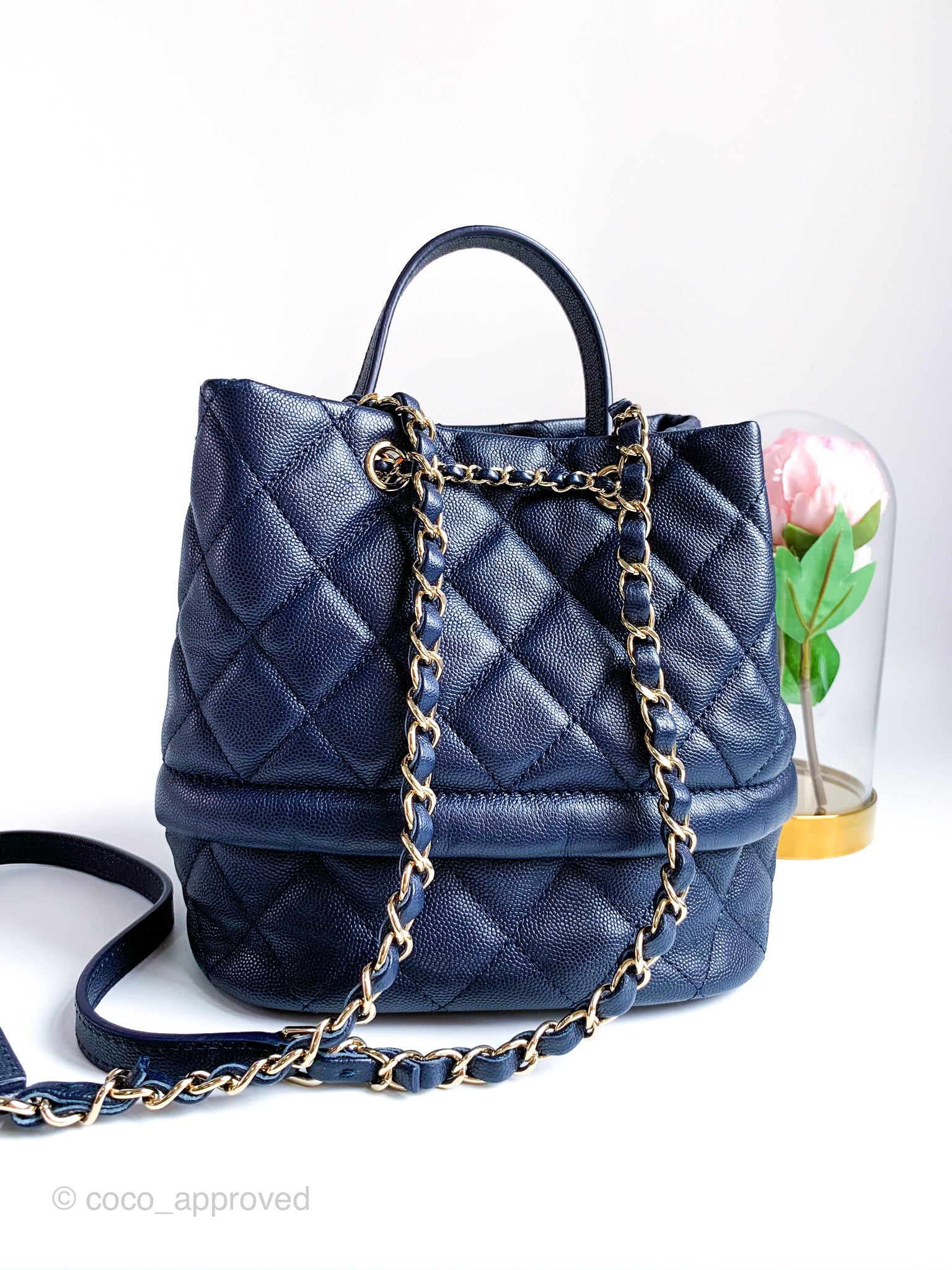 Chanel Quilted Crystal Pearl Crush Drawstring Bucket Bag Navy Velvet G –  Coco Approved Studio