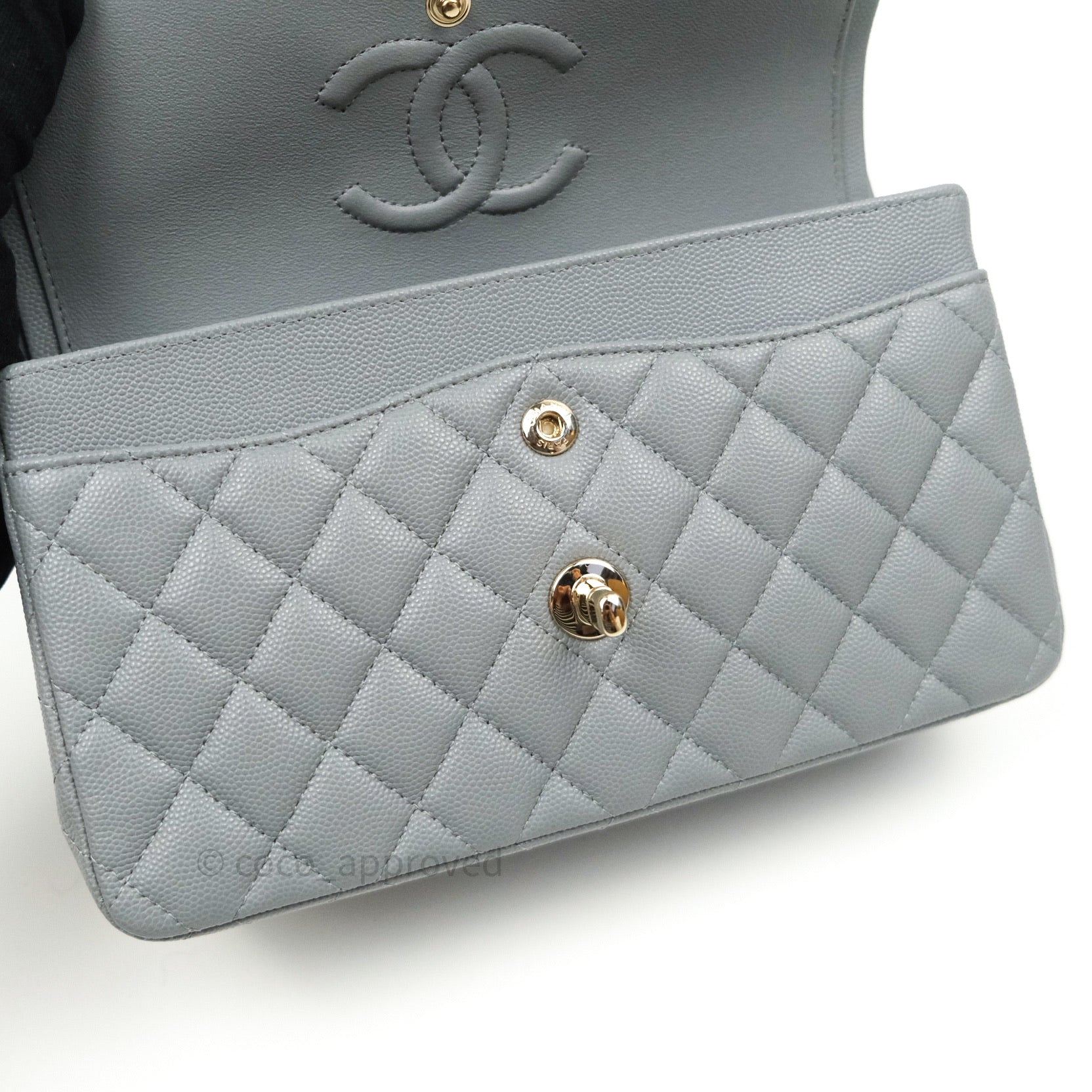 Chanel Classic Small Double Flap 21A Gray/Grey Quilted Caviar with light  gold hardware