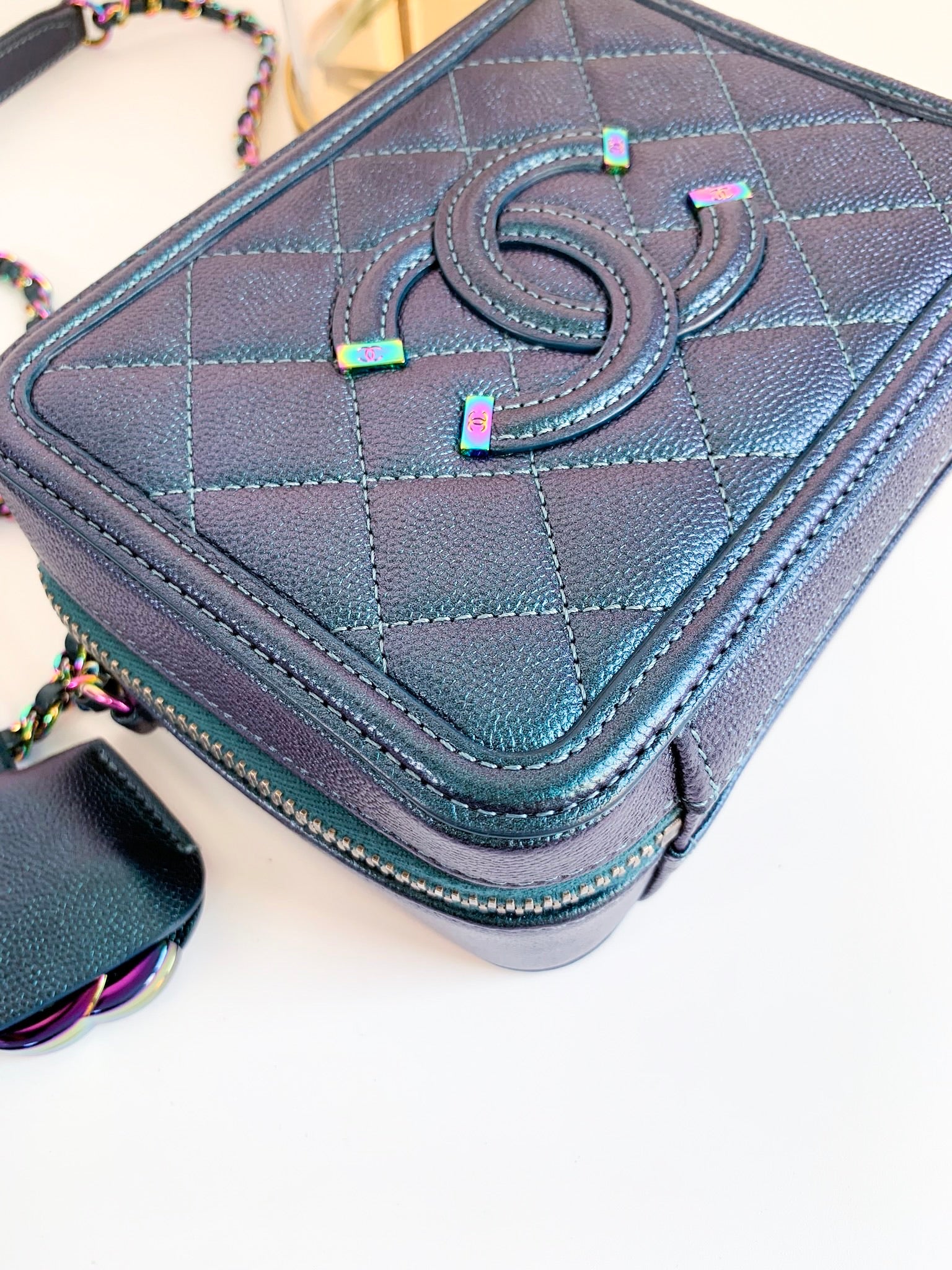 Chanel Quilted Medium CC Filigree Vanity Case Iridescent Dark Turquois –  Coco Approved Studio