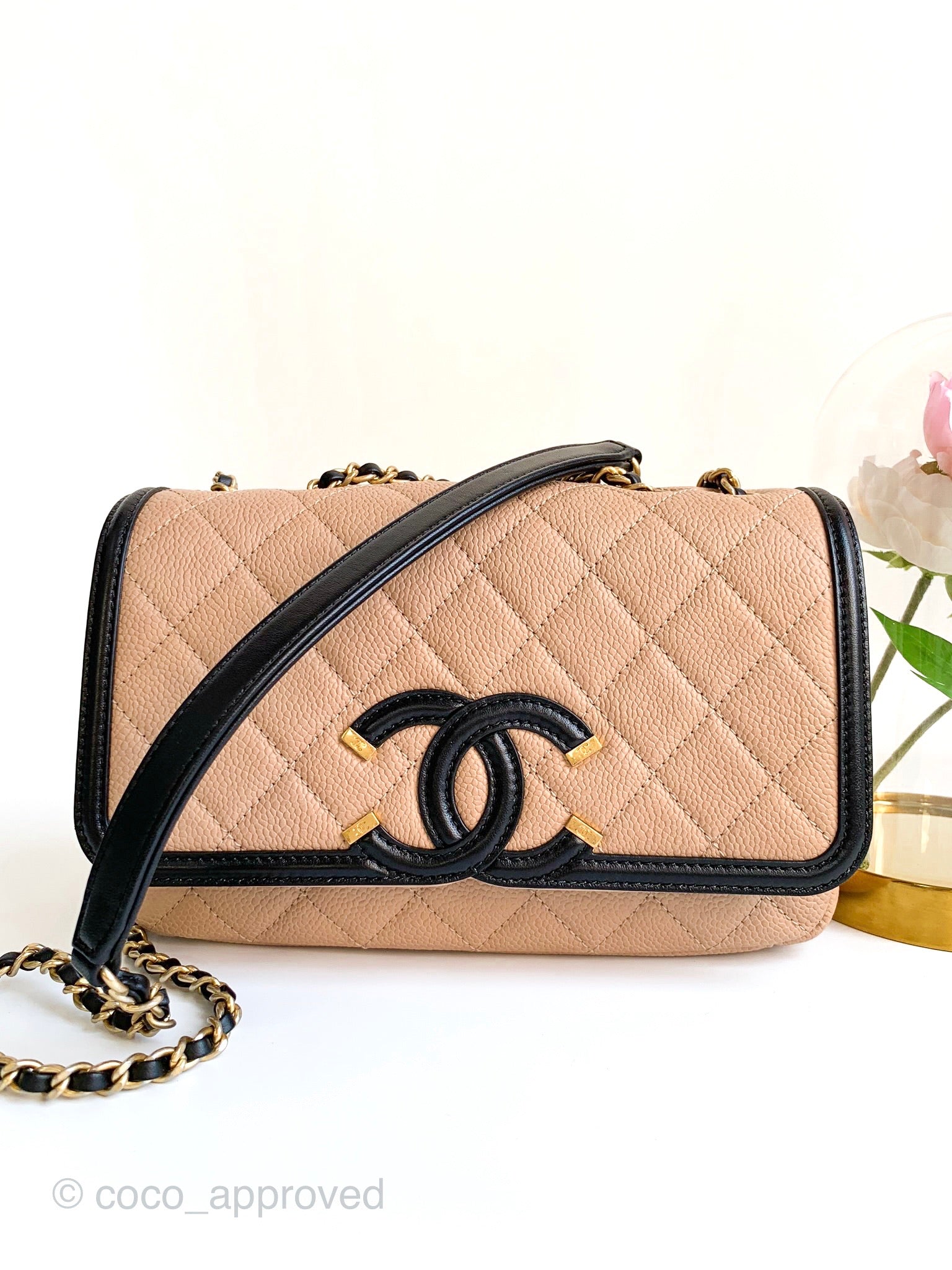 Chanel Quilted Small CC Filigree Flap Beige Black Caviar – Coco Approved  Studio