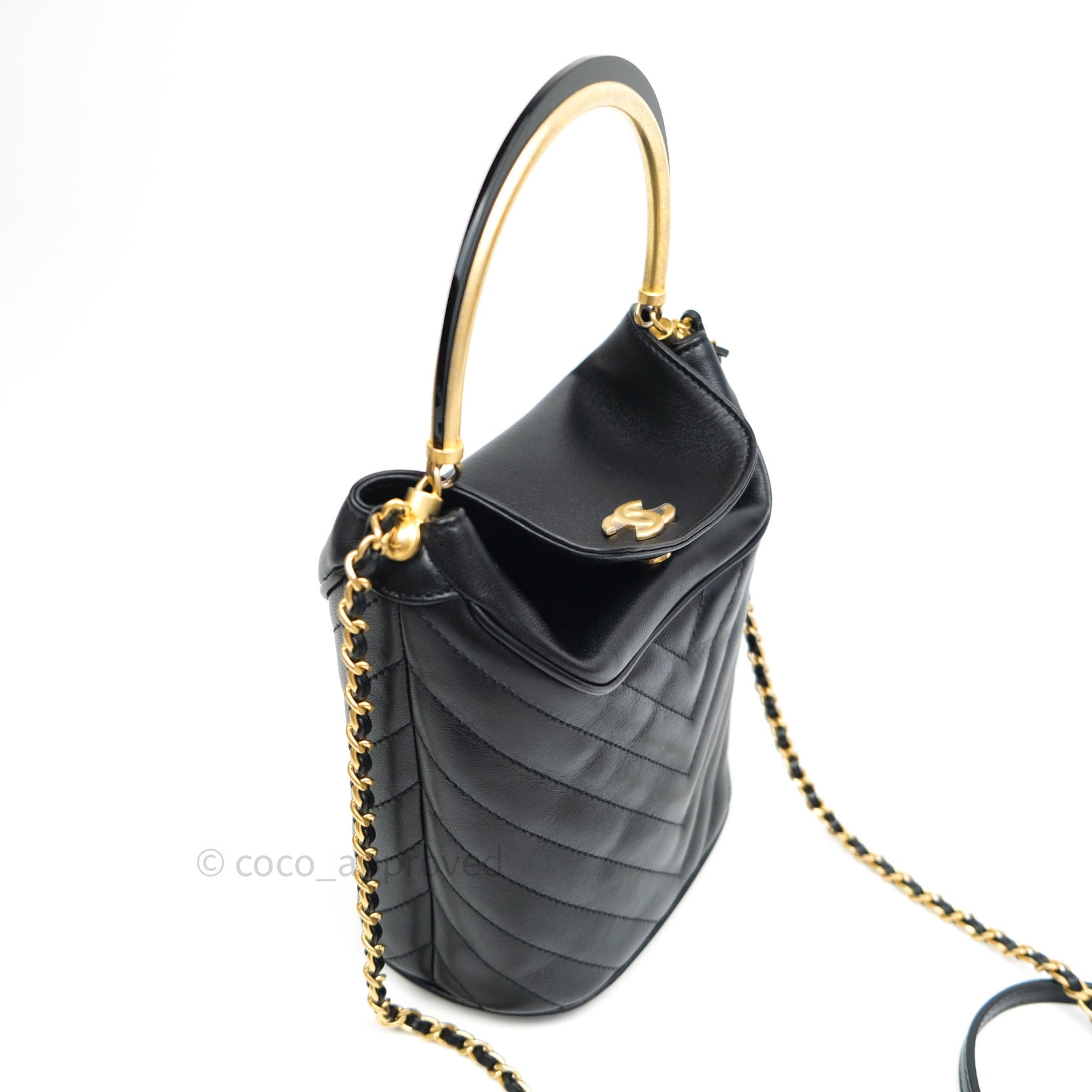 CHANEL Calfskin Quilted Strap Into Bucket Bag Black Brown 615562