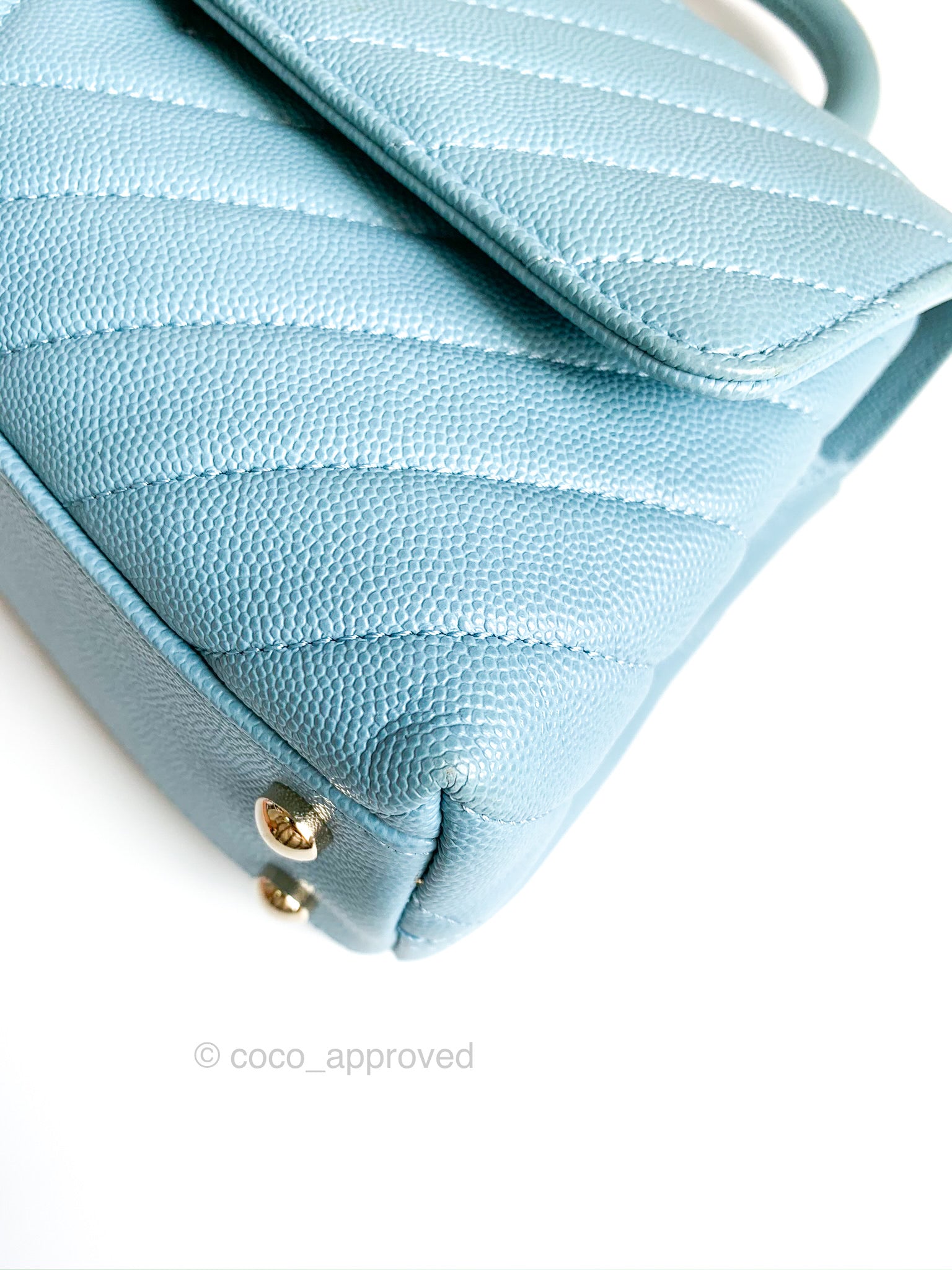 Chanel Coco Handle Mini Iridescent Misty Blue Caviar Chevron Light Gol –  Coco Approved Studio