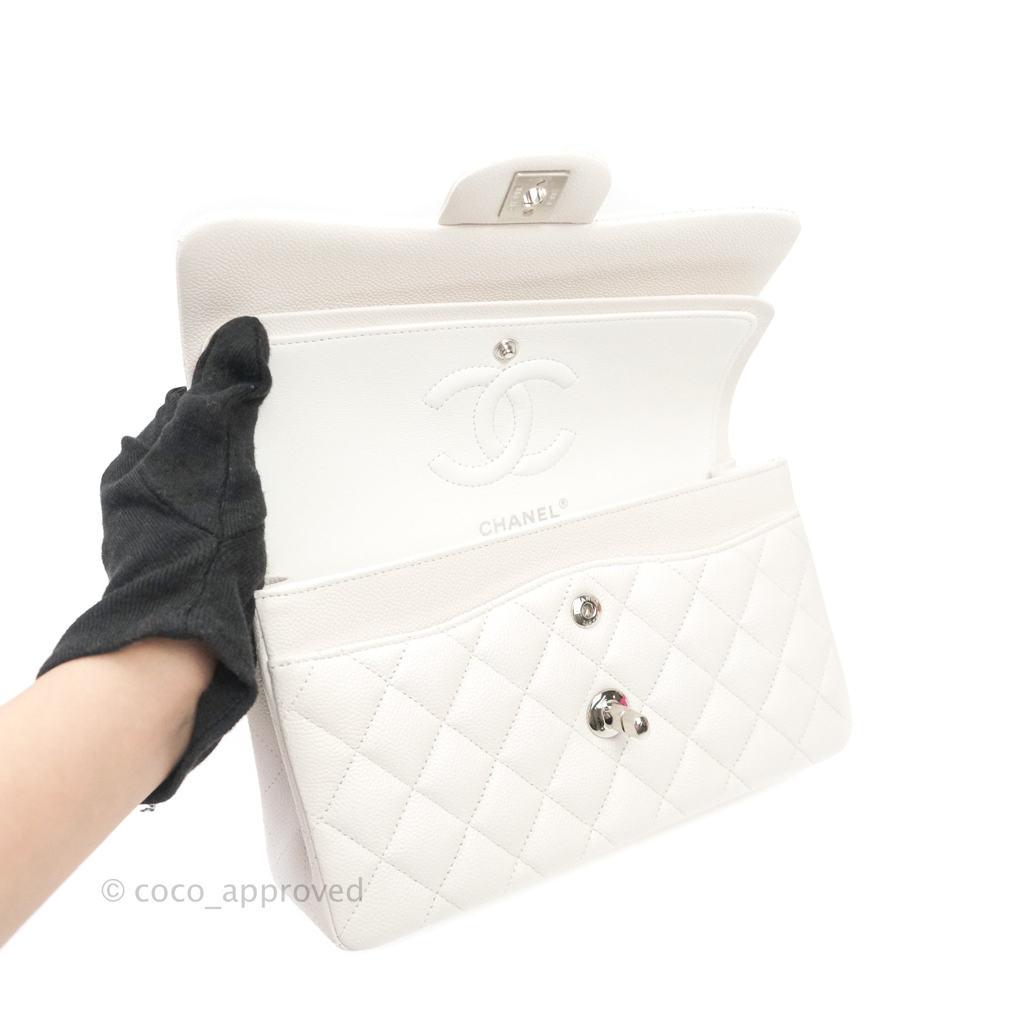 Chanel Classic Small S/M Flap White Caviar Silver Hardware – Coco
