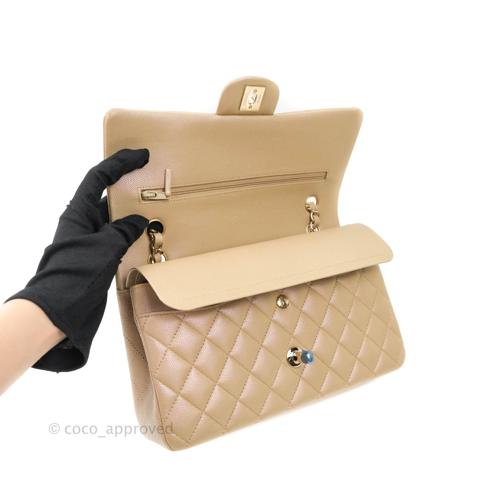 CHANEL Iridescent Caviar Quilted Medium Double Flap Beige 1289694