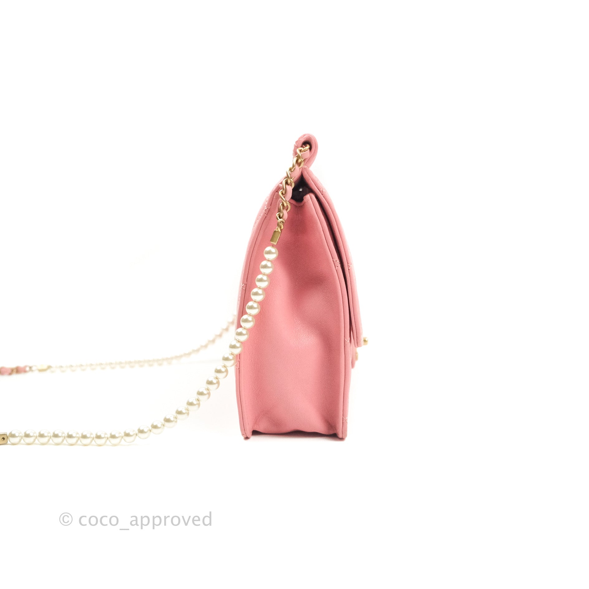 Chanel Large Quilted Lambskin Pearl Chain Flap Bag Pink Aged Gold