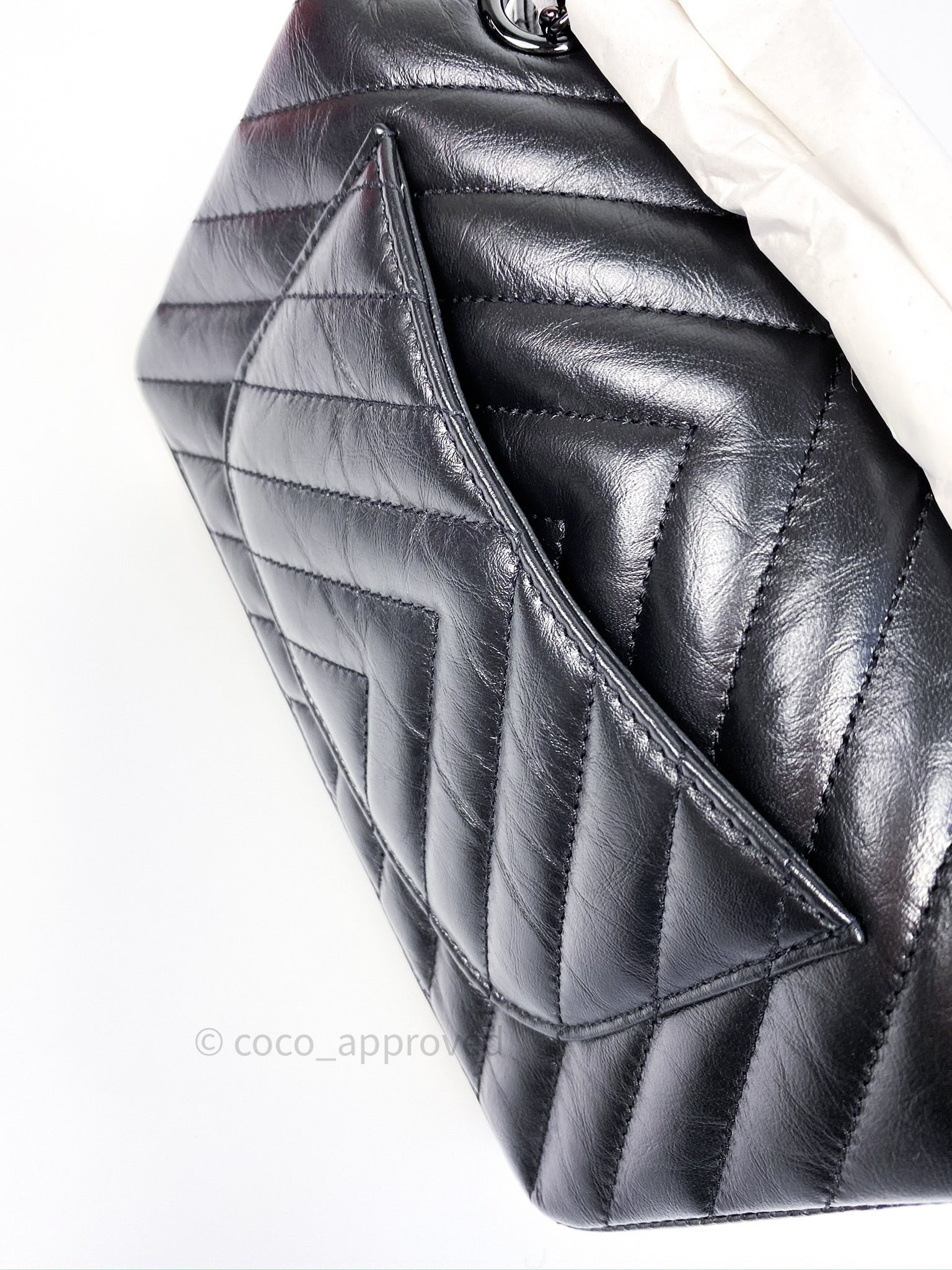 Chanel Mini Square Chevron Flap Black Crumpled Metallic Patent So Blac –  Coco Approved Studio