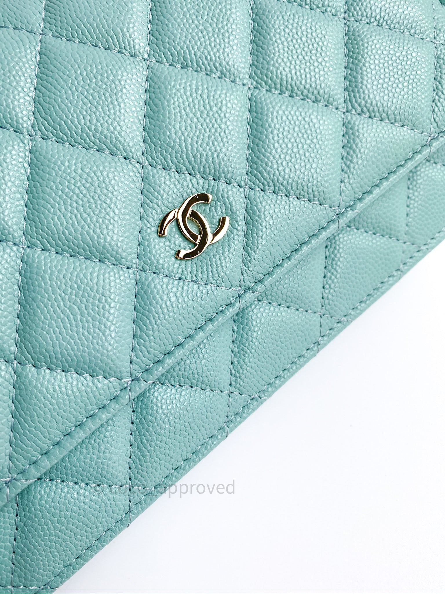 Chanel Quilted Wallet on Chain WOC Tiffany Blue Caviar Light Gold
