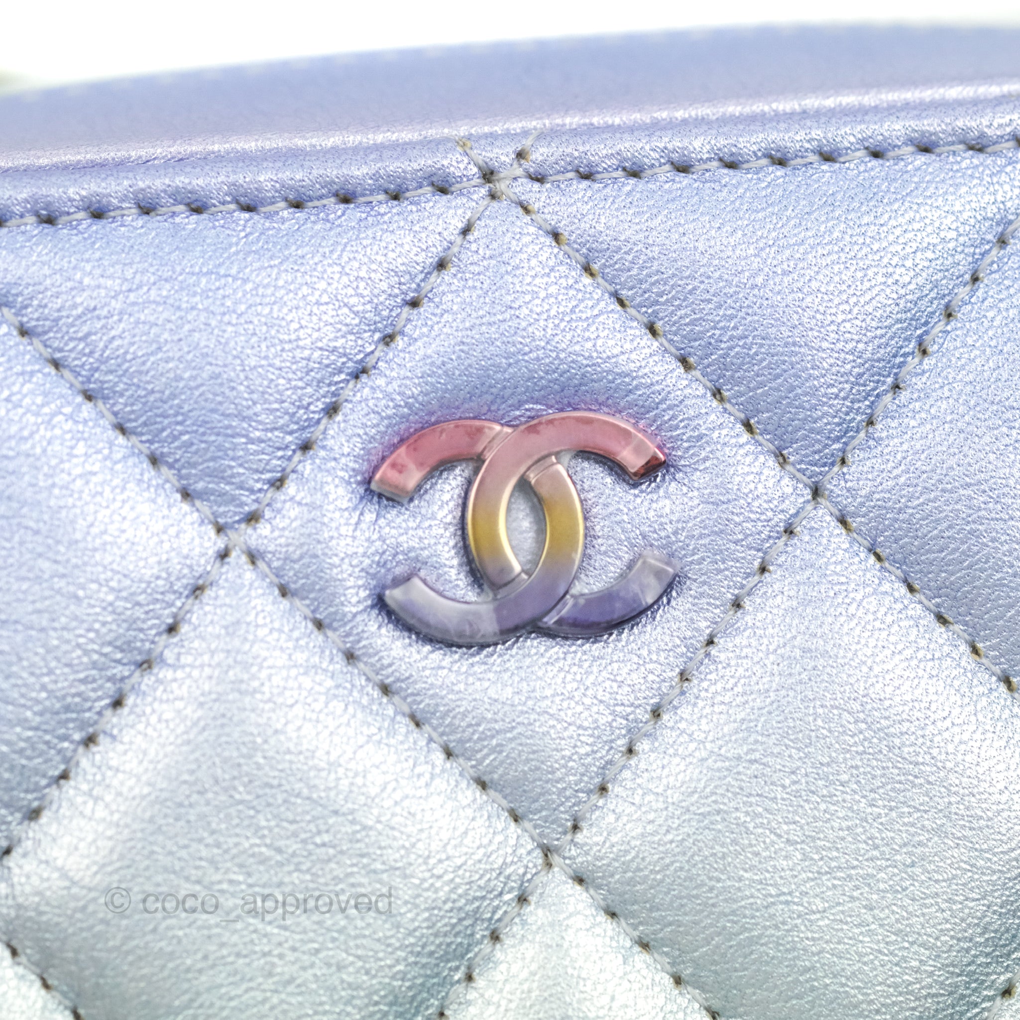 CHANEL Gradient Metallic Calfskin Quilted Wallet On Chain WOC Silver Blue  Yellow Purple 875546