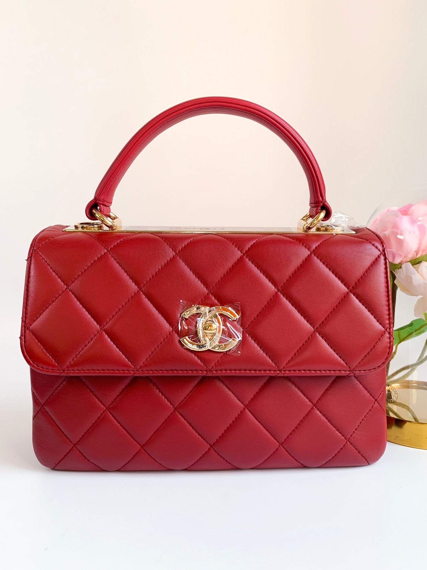 Chanel Red Lambskin Large Trendy CC Top Handle Flap Bag