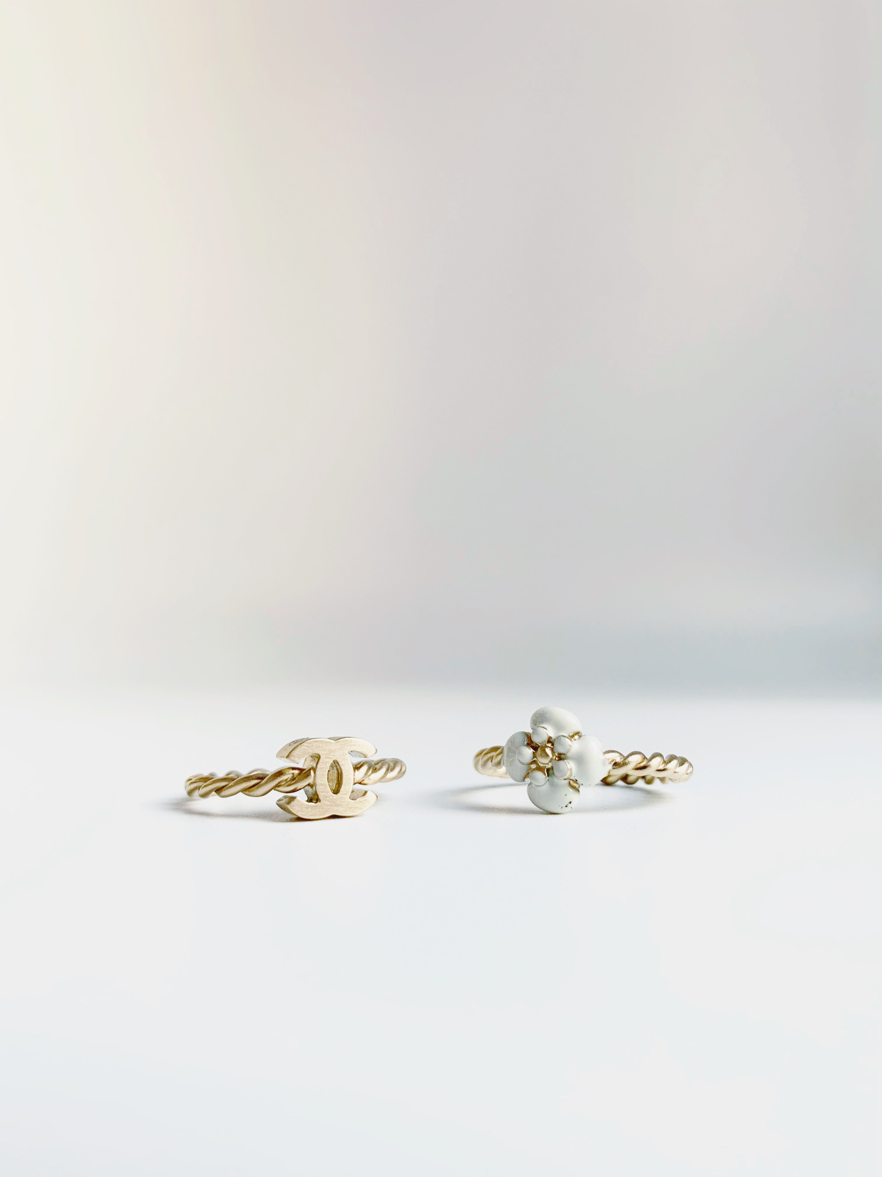 Chanel Enamel Camellia CC Ring Set Gold White (2 rings only