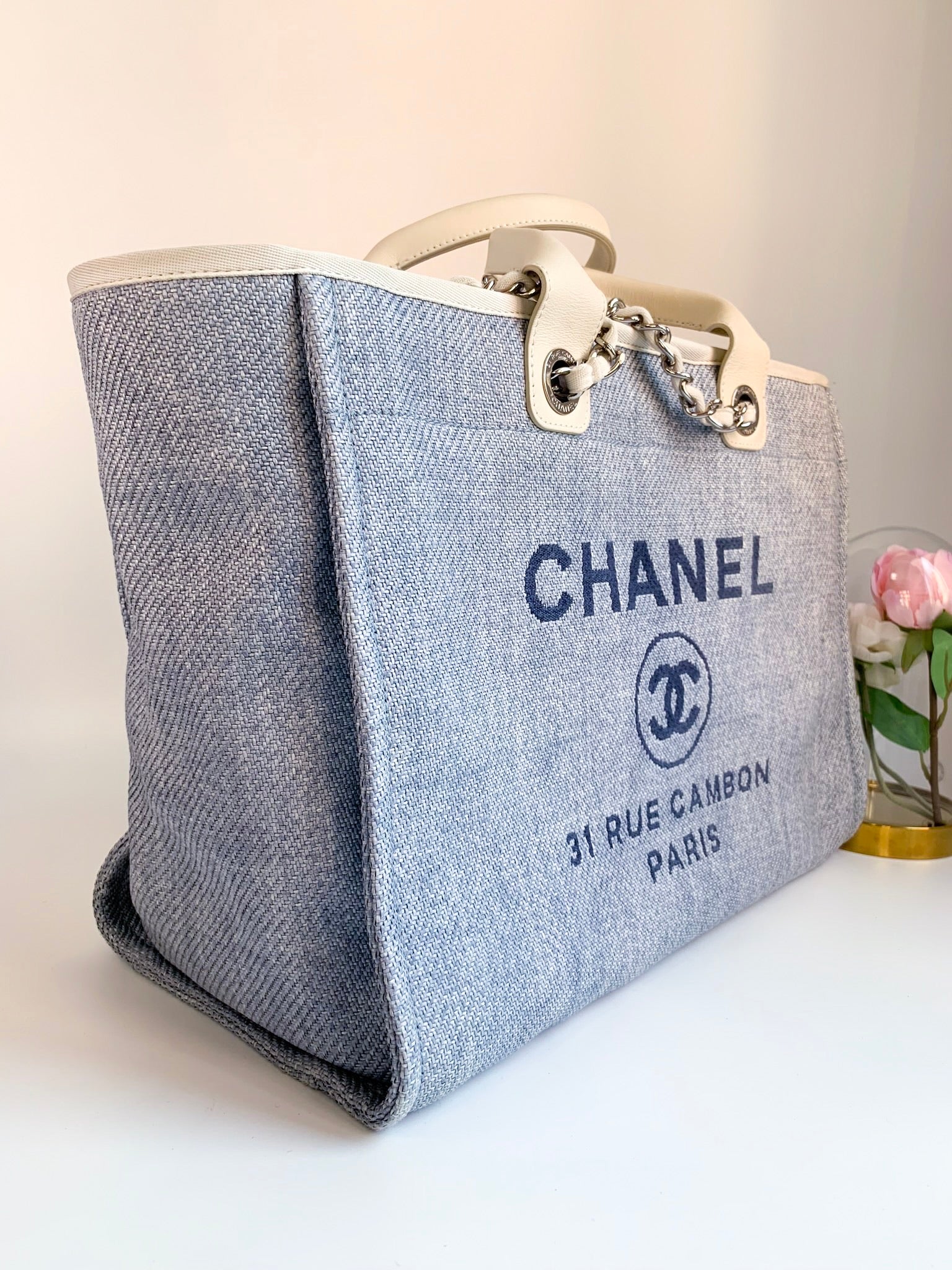 Chanel 22S Light Blue Medium Deauville Tote with Silver Hardware