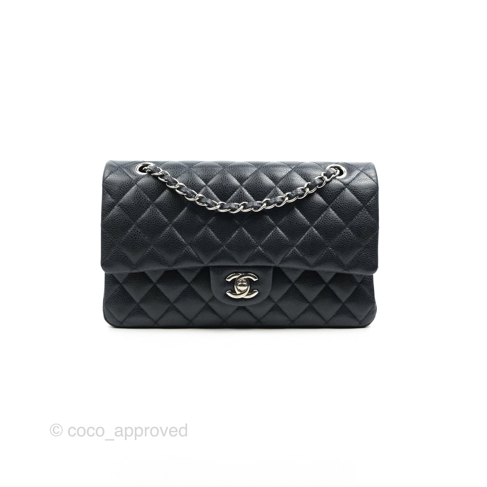 Chanel Quilted M/L Medium Double Flap Very Dark Navy Caviar Silver Hardware