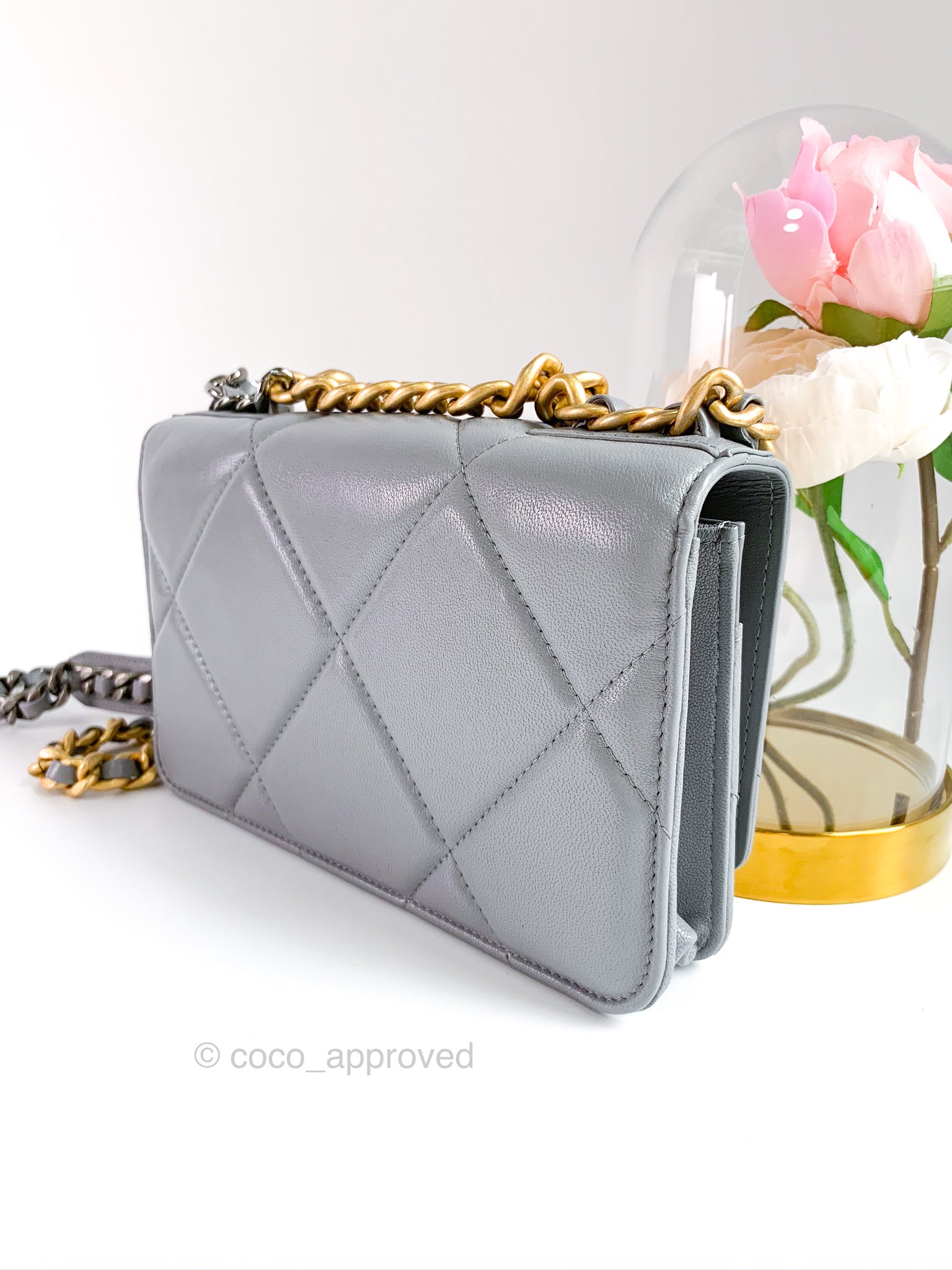 Chanel 19 Quilted Wallet on Chain WOC Grey Goatskin Mixed Hardware 20C